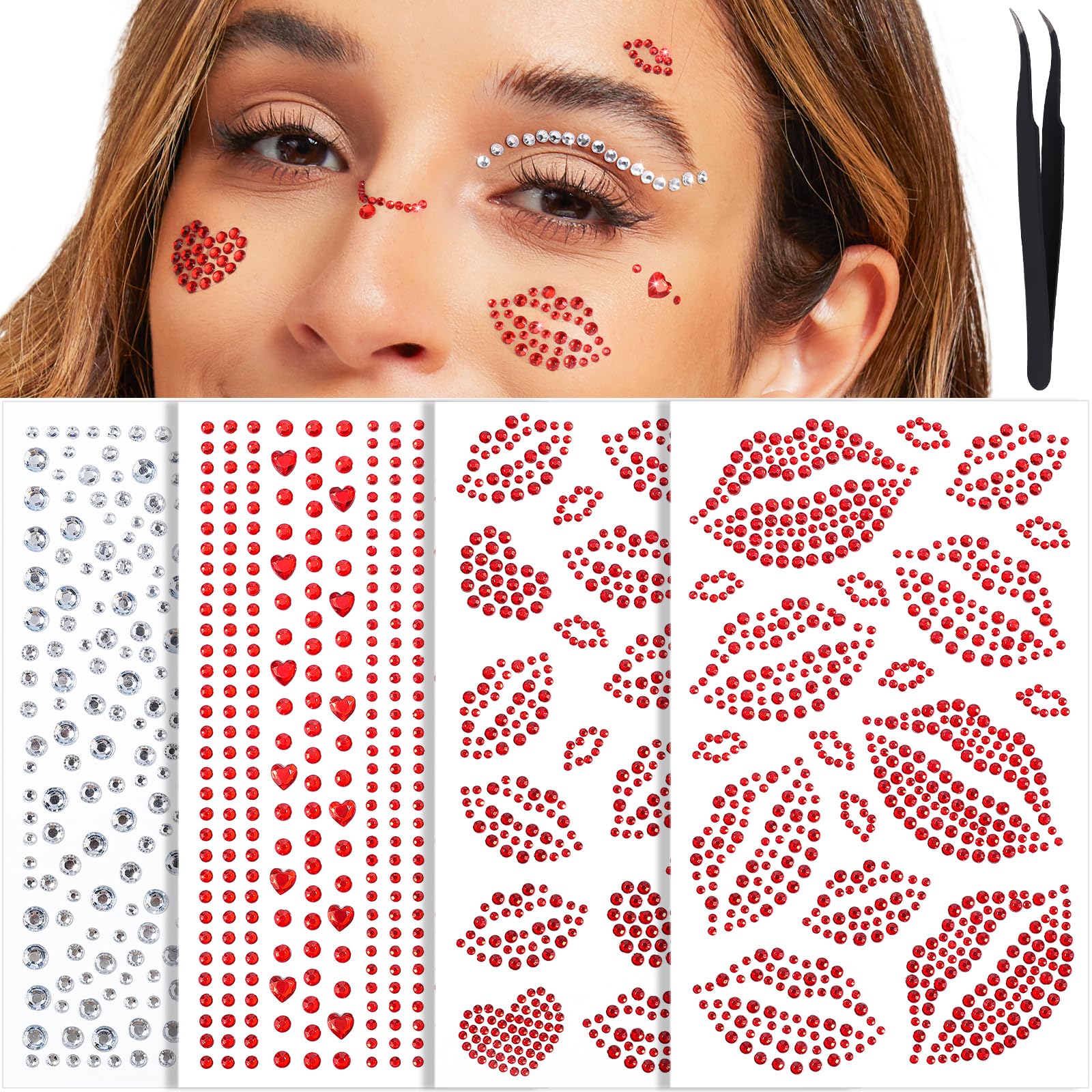 YGDZ Face Gems Self-Adhesive Face Jewels Stickers, Red Lip Hair Gems, Festival Kiss Jewels, Face Rhinestone Stickers for Makeup, Eye, Hair, Body, Rave