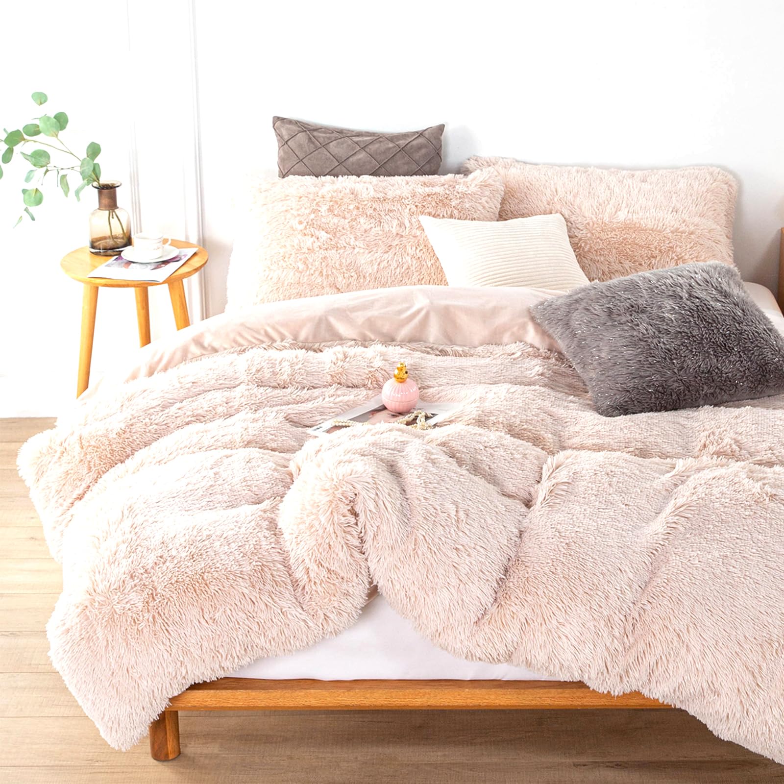 Soifox Ropa de cama de felpa de 220 x 240 cm, color beige, para invierno, mullida, cálida, funda nórdica con cremallera y 2 fundas de almohada de 80 x 80 cm