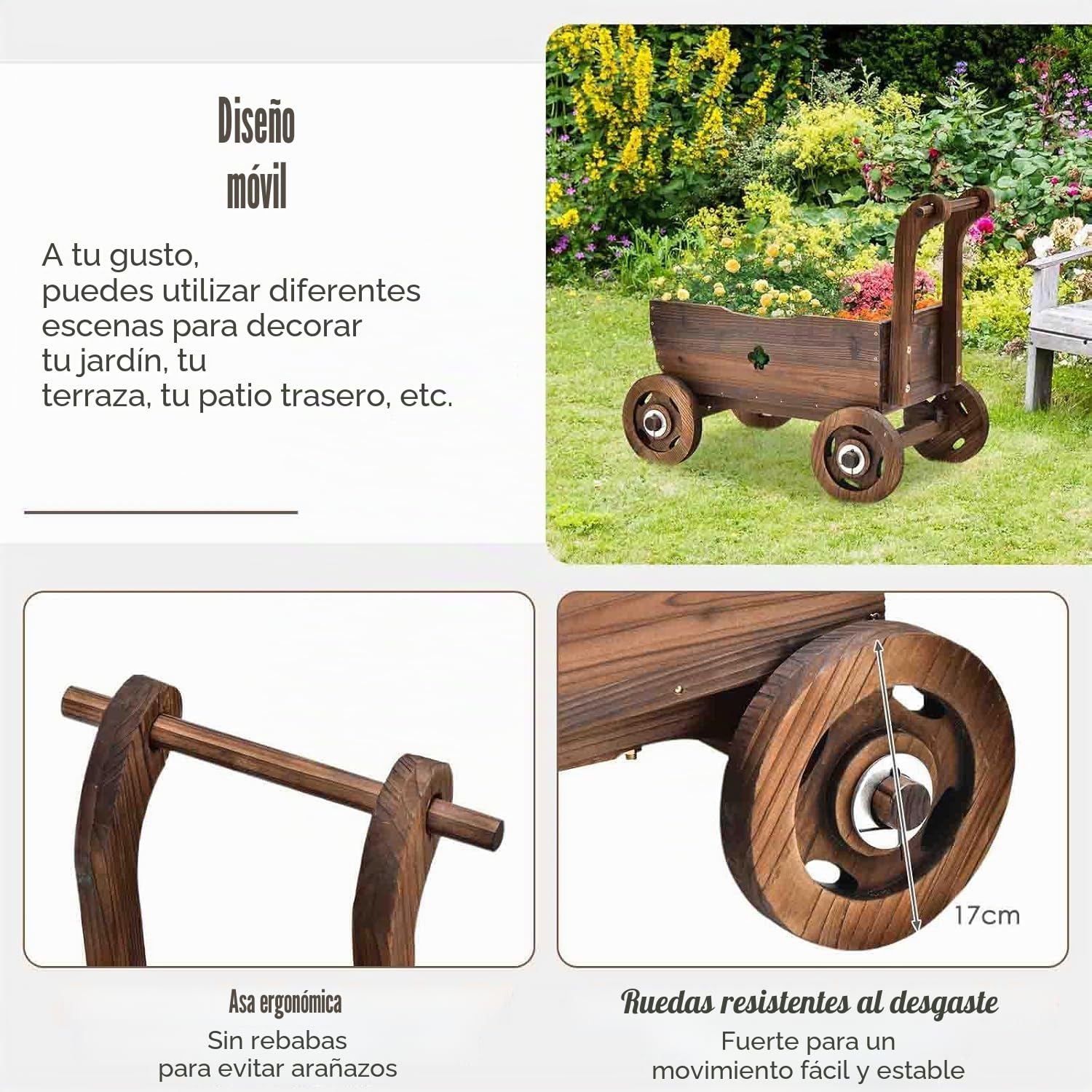 FANTASK Carro de Flores de Madera con Ruedas y asa, Carro de Plantas con Orificio de Drenaje, Carretilla rústica para jardín, terraza, Maceta, Carretilla, decoración de jardín, Jardinera
