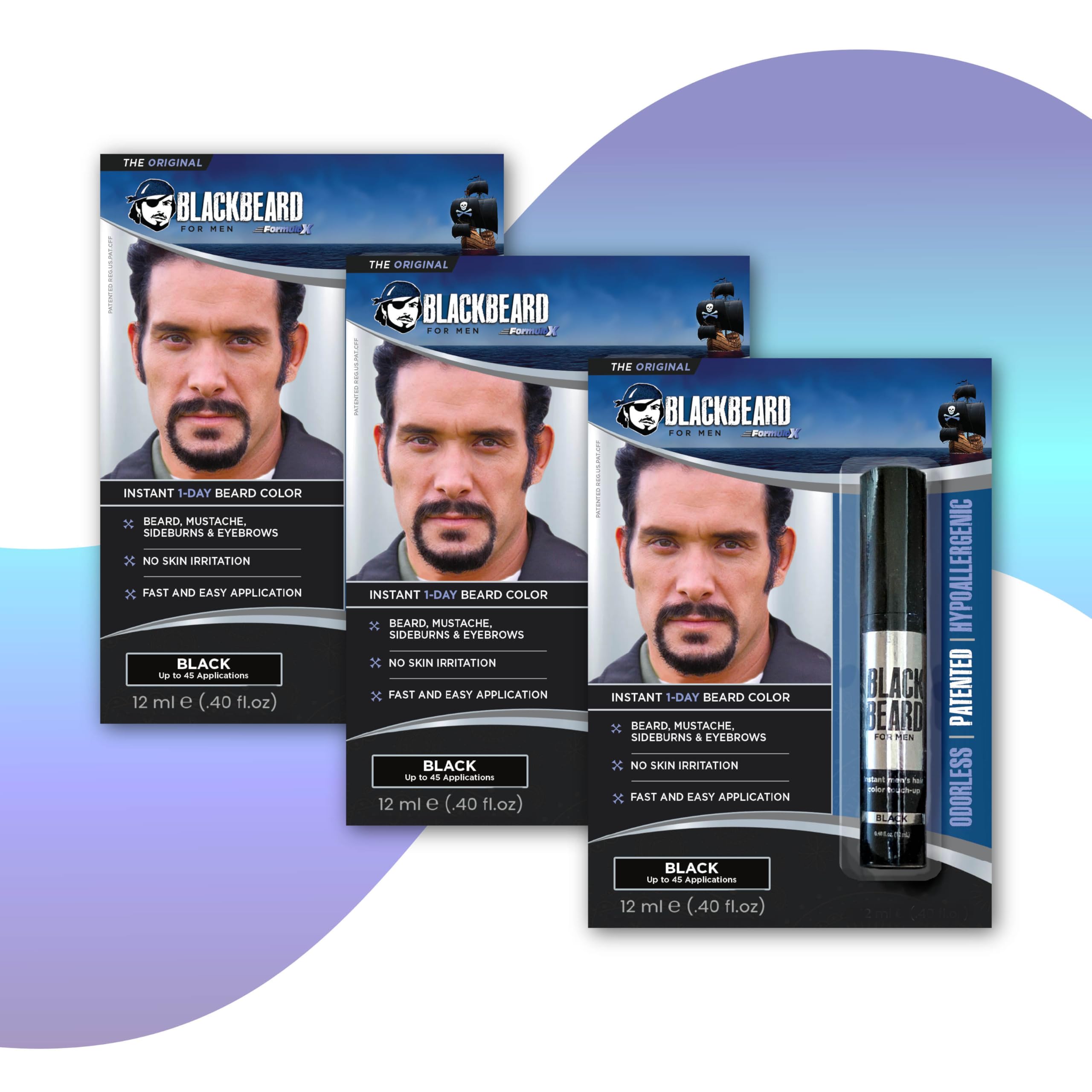 Blackbeard for Men Formula X Instant Mustache, Beard, Eyebrow and Sideburns Color - Fast, Easy, Men’s Grooming, Beard Dye Alternative, Black, 3 Pack