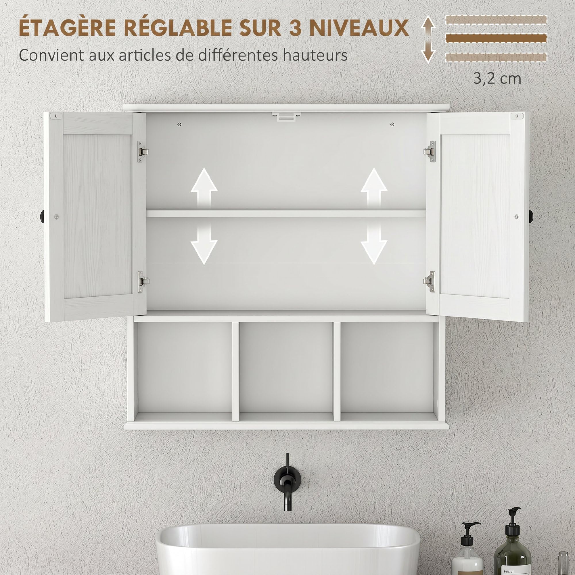 HOMCOM Armoire Murale de Salle de Bain 2 Portes 60 x 19,5 x 60 cm Blanc | Meuble de Rangement Suspendu pour Salle de Bains, Étagère Réglable, Compartiments Ouverts, Meuble WC Suspendu