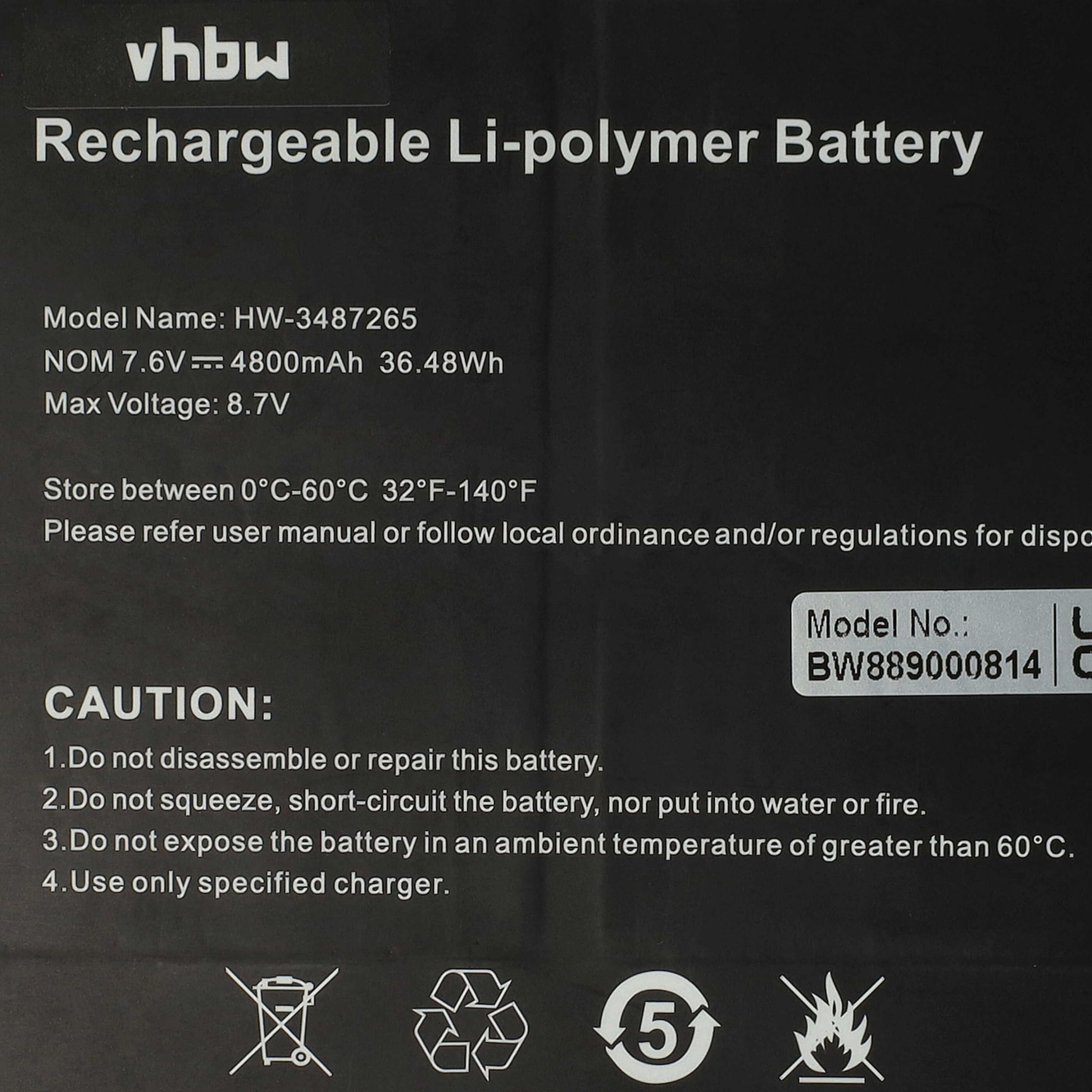 vhbw batteria sostituisce Trekstor 3487265P, HW-3487265, TH116A per notebook (4800mAh, 7,6V, Li-Poly)