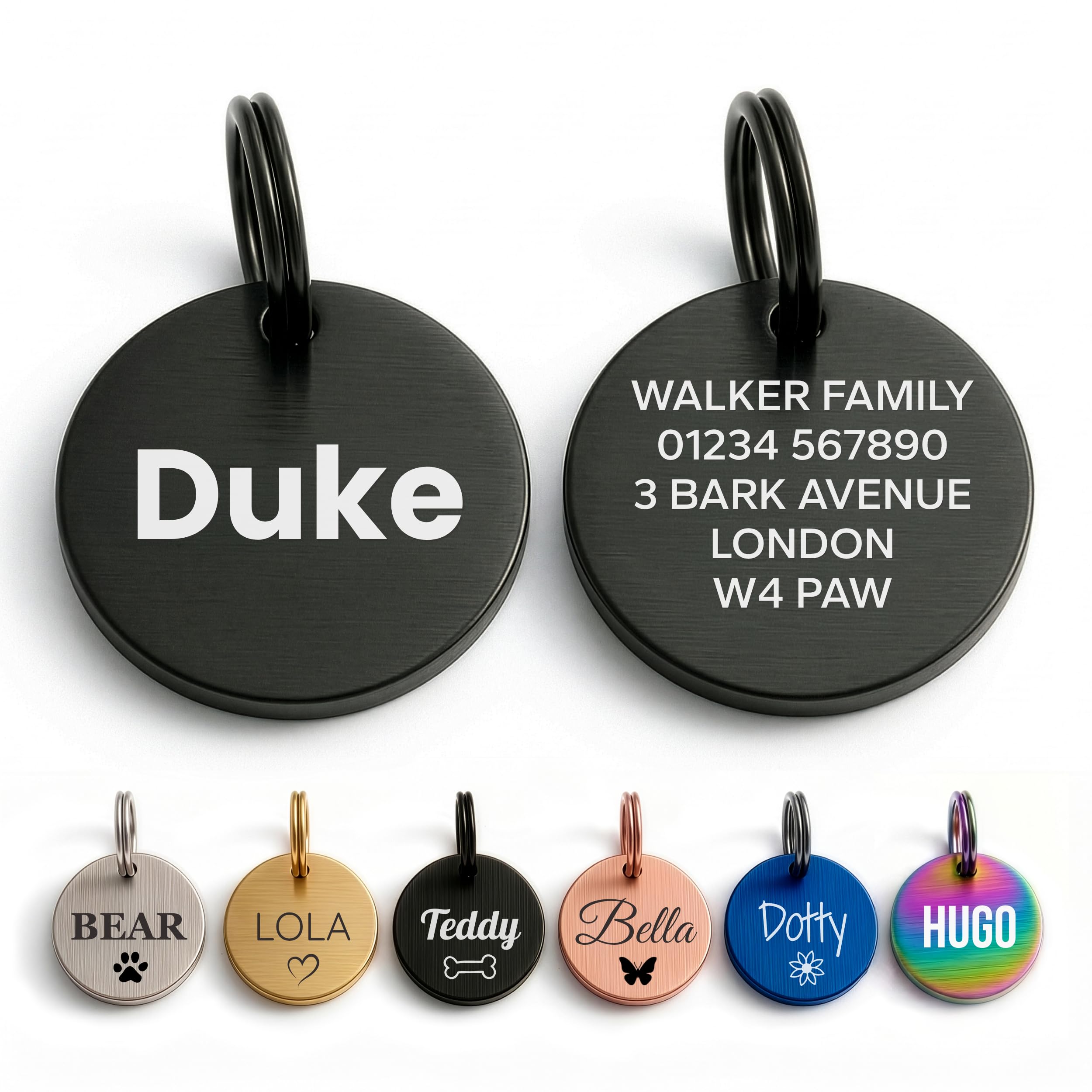 The Stately Hound Dog Tags for Pets Engraved UK, Black Round, Medium — image 1