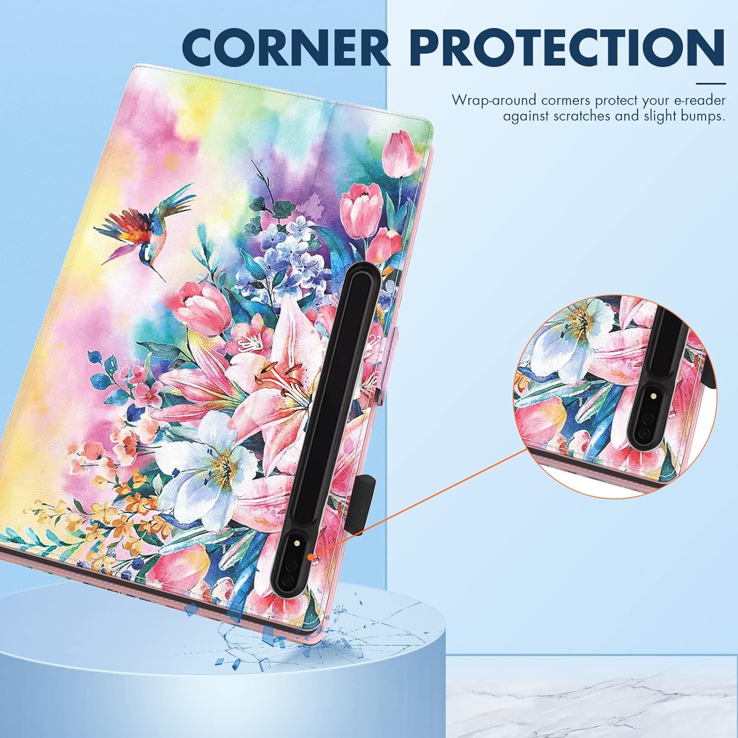 Dteck Case for Galaxy Tab S10/S9/S8, Premium PU Leather Folding Smart Kickstand Auto Wake/Sleep Cover with S Pen Holder and Hummingbirds Design
