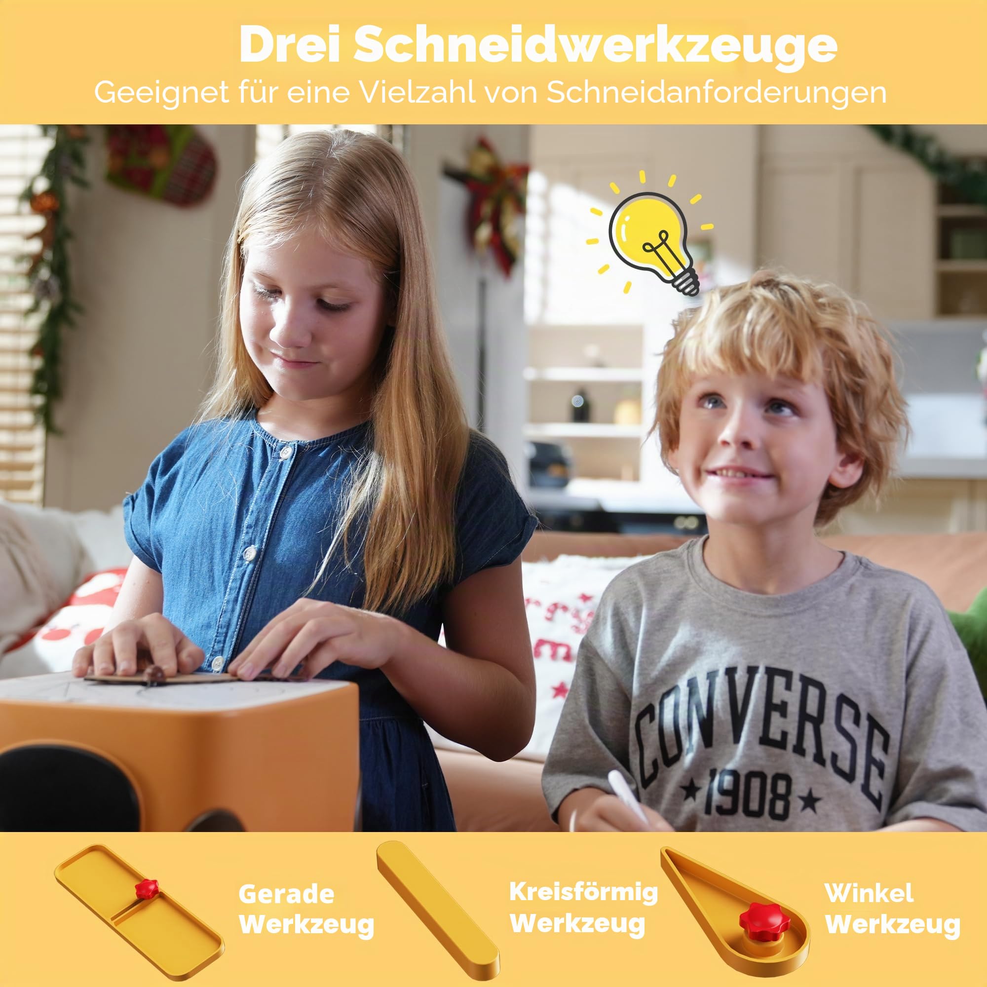 Kartonschneider für Kinder, sicheres Bastelwerkzeug-Set mit Winkeln, runden und geraden Schneidklingen, inklusive Messskala, kreatives Bauspielzeug für Kinder ab 3 Jahren, Jungen und Mädchen