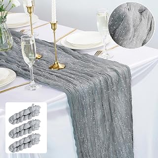 3PCS Silver Gray Spirng Cheesecloth Table Runner Boho Rustic Gauze 120 inch 10FT Shimmer Cheese Cloth Runner for Wedding Party Baby Shower Birthday Home Decor Holiday Decorations