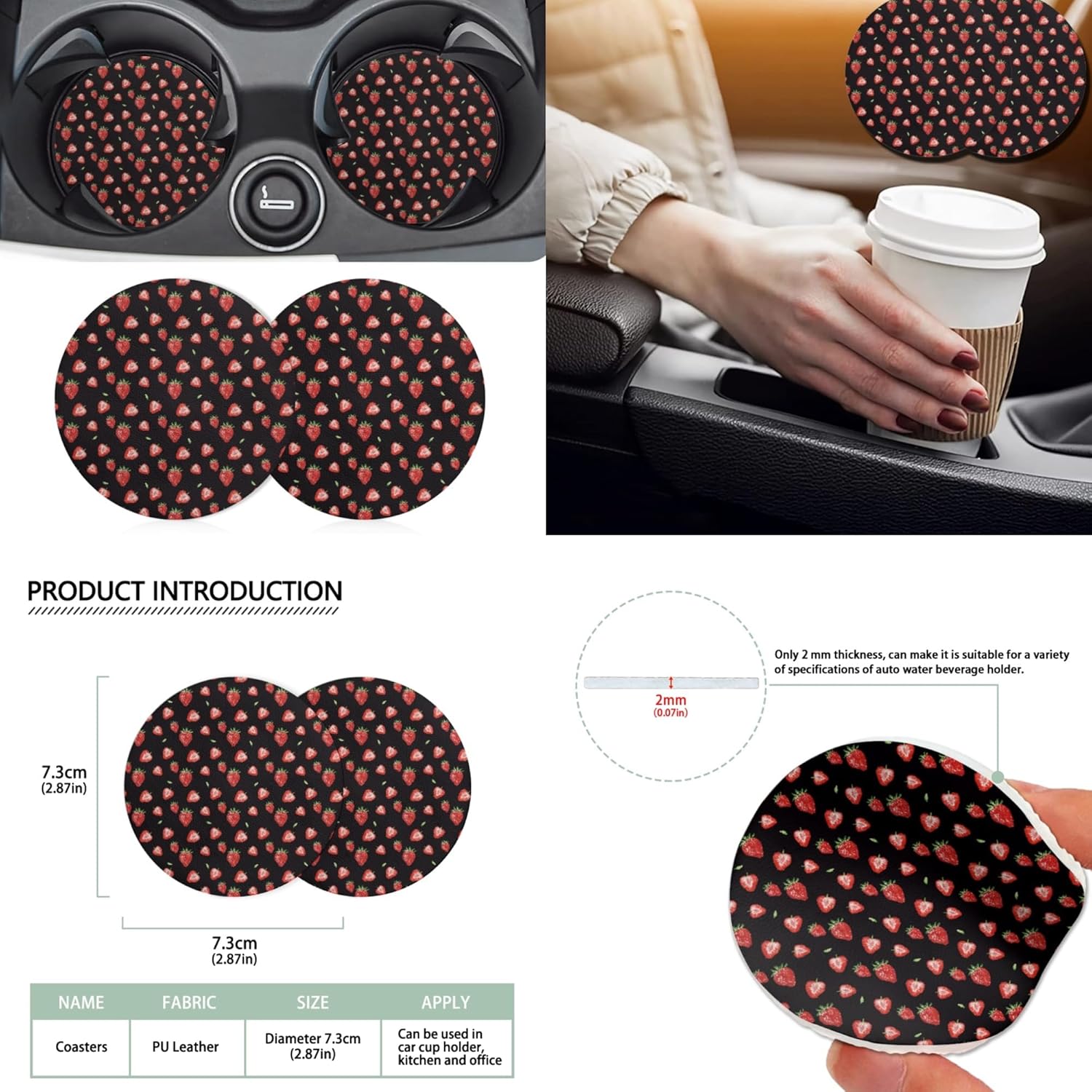 Strawberry Car Seat Covers Full Set with Steering Wheel Cover Auto Cup Holder Coaster Car Seatbelt Strap Pad Headrest Cushion Rearview Mirror Cover Protector Coaster for Women, 12Pcs Set
