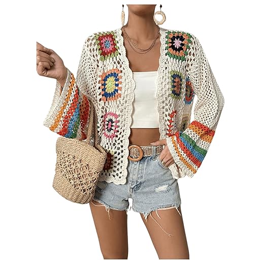 SHENHE Women's Floral Crochet Cardigan Hollow Out Open Front Long Sleeve Cardigan Sweater