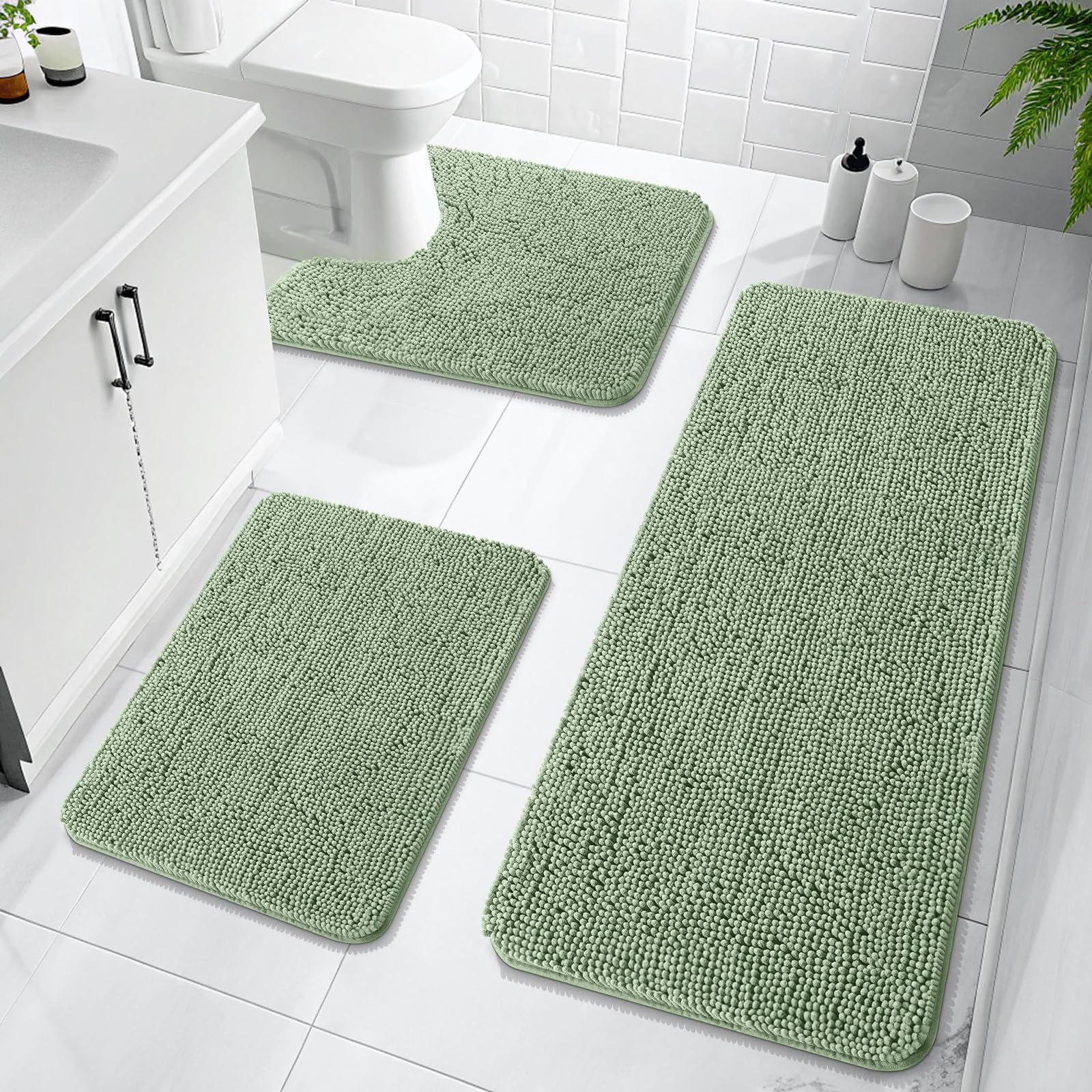 Photo 1 of OLANLY Bathroom Rugs Sets 3 Piece, Soft Absorbent Chenille Bath Mats and U-Shaped Contour Toilet Rug, Quick Dry, Home Decor Accessories, Bath Mat Set for Bathroom (47"x20"+24"x16"+24"x20", Sage Green)