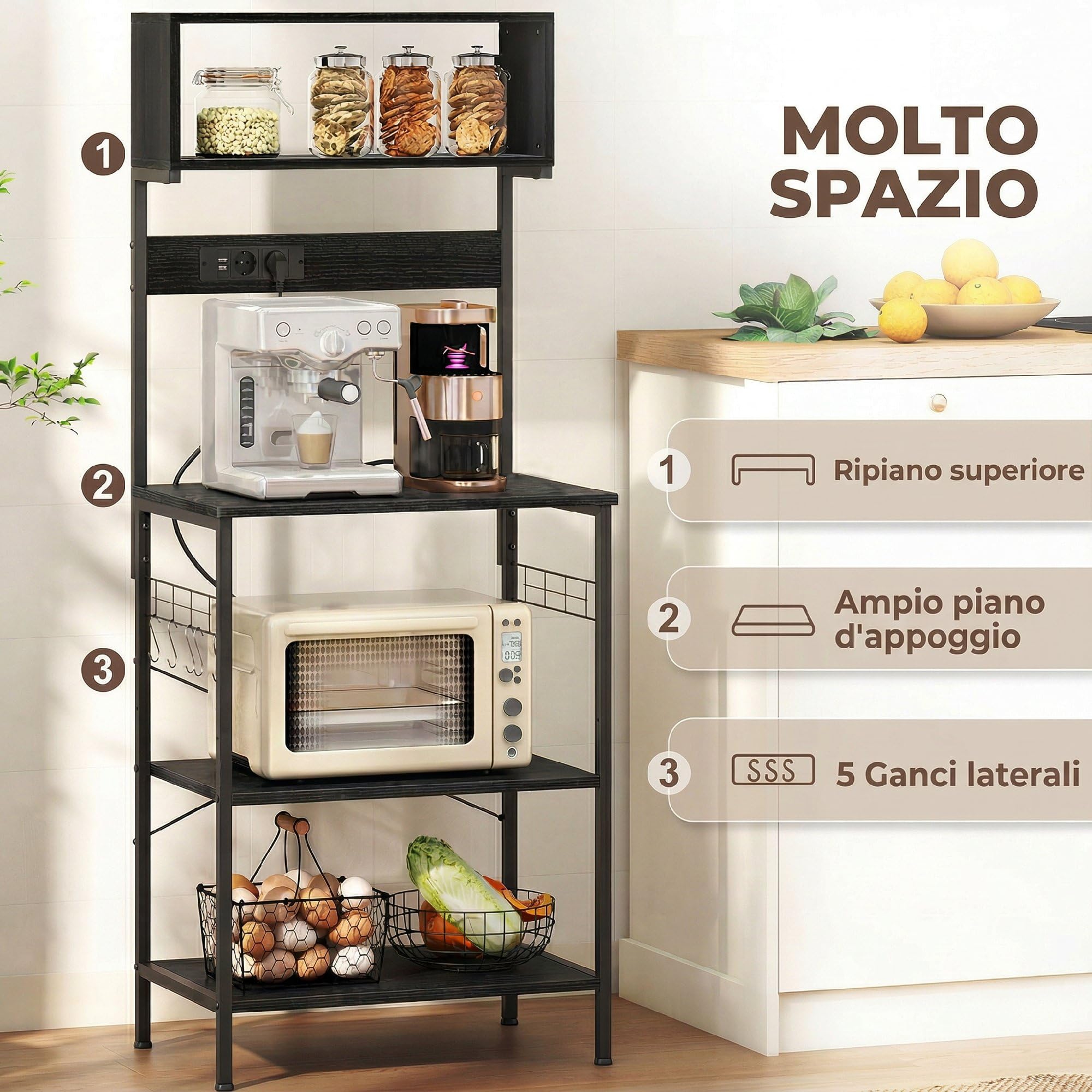 HOMCOM Scaffale da Cucina con Multipresa, Scaffale per Microonde con Ripiani e Ganci Stile Industriale, Mobile Cucina Vintage con Struttura in Acciaio, 60x42x153cm, Nero