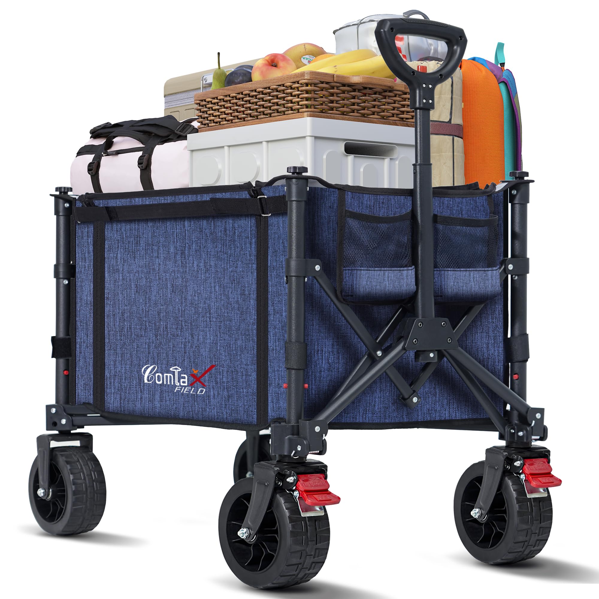 COMLAX FIELD Chariot pliable avec grandes roues tout terrain, chariot pliable de 120L 100KG avec freins, chariot de plage pour la plage, le jardin, le camping, les courses, bleu