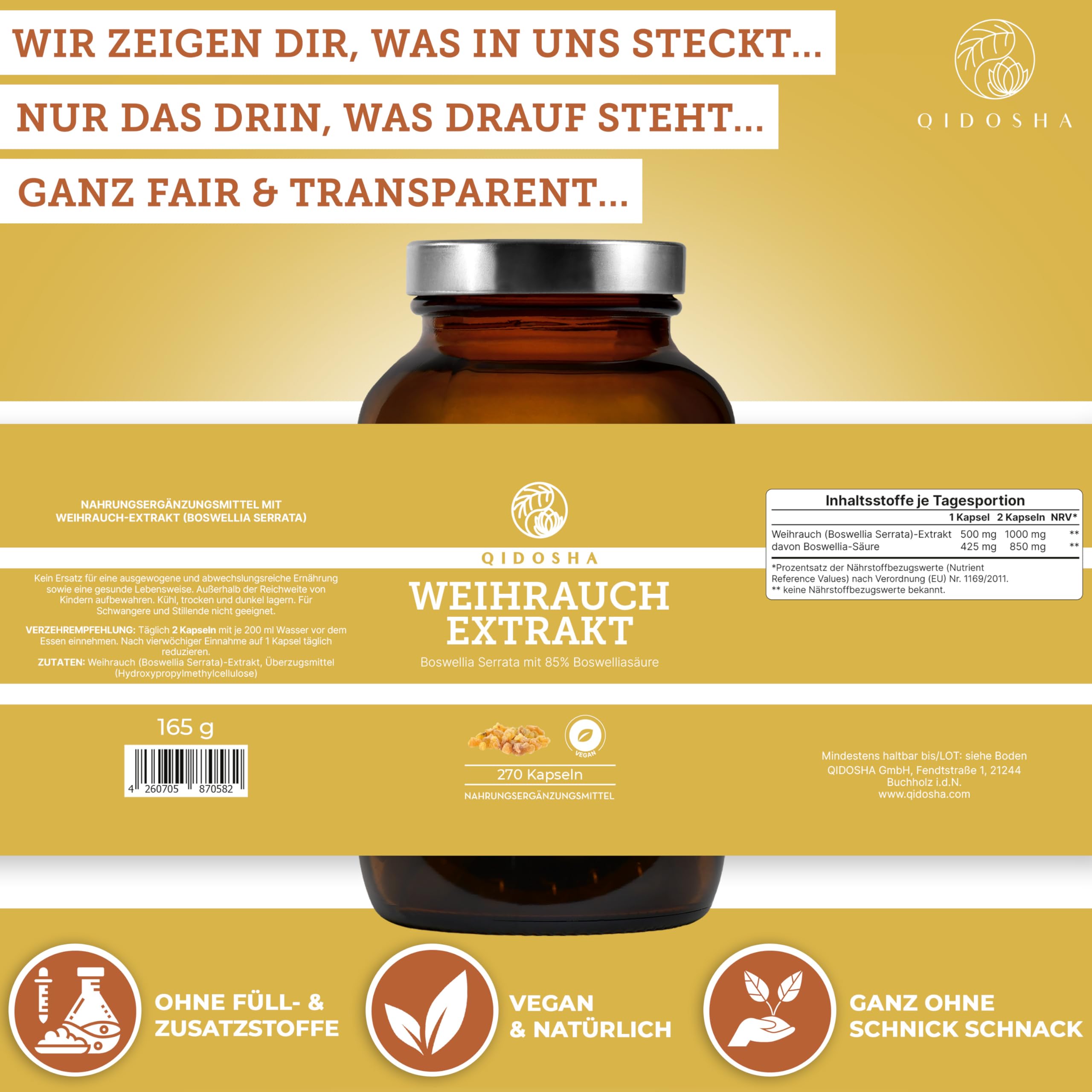 QIDOSHA® Boswellia serrata Weihrauchkapseln hochdosiert, TESTSIEGER 08/23*, 270 Stk/Glas, 85% Boswellia-Säure, 500mg Weihrauch Extrakt/Kapsel, Weihrauch Kapseln hochkonzentriert