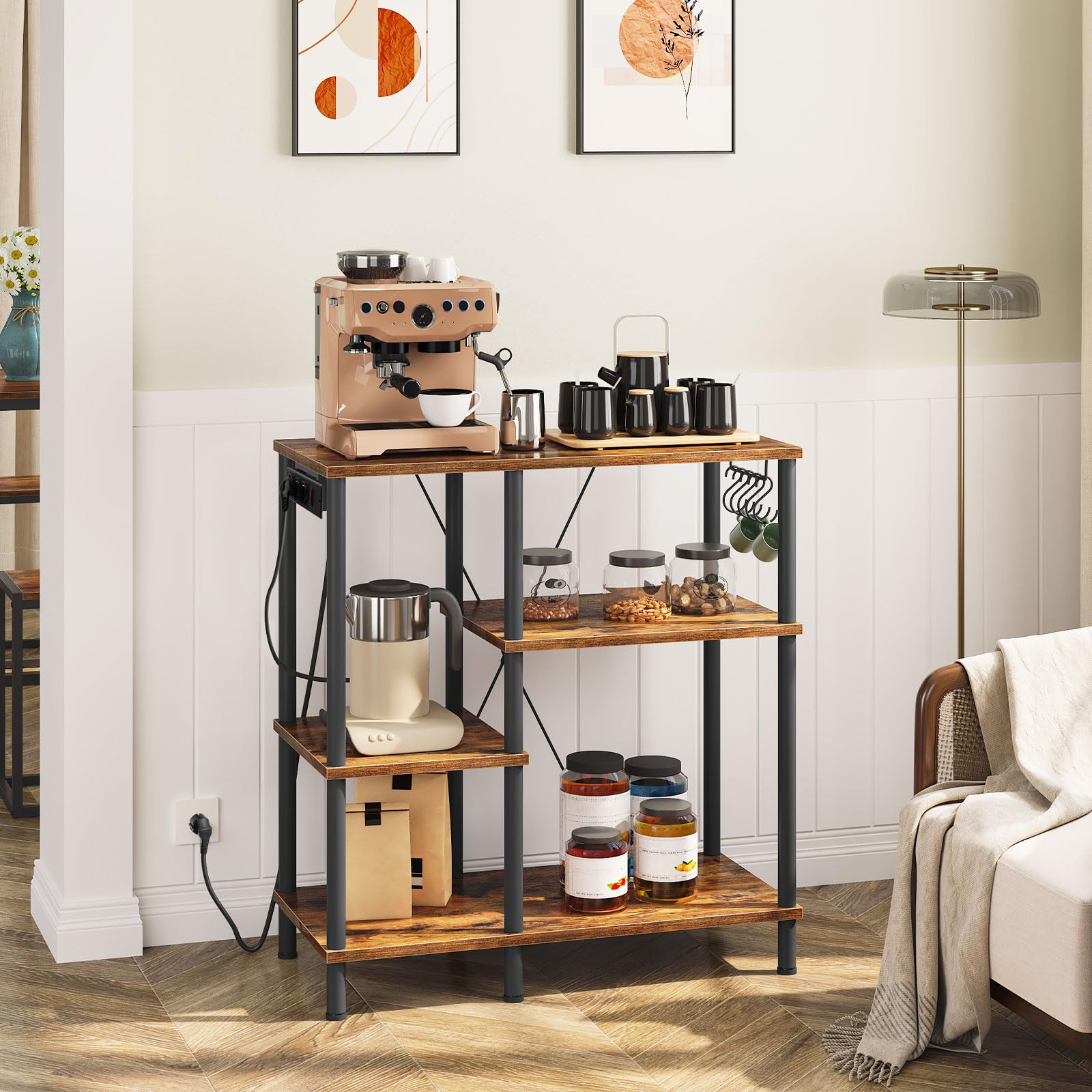 HOOBRO Küchenregal, Standregal mit Steckdosen, Bäckerregal mit 5 S-Haken, Mikrowellen-Regal, 38 x 80 x 86 cm, Vintagebraun und Schwarz EBF07CHB01