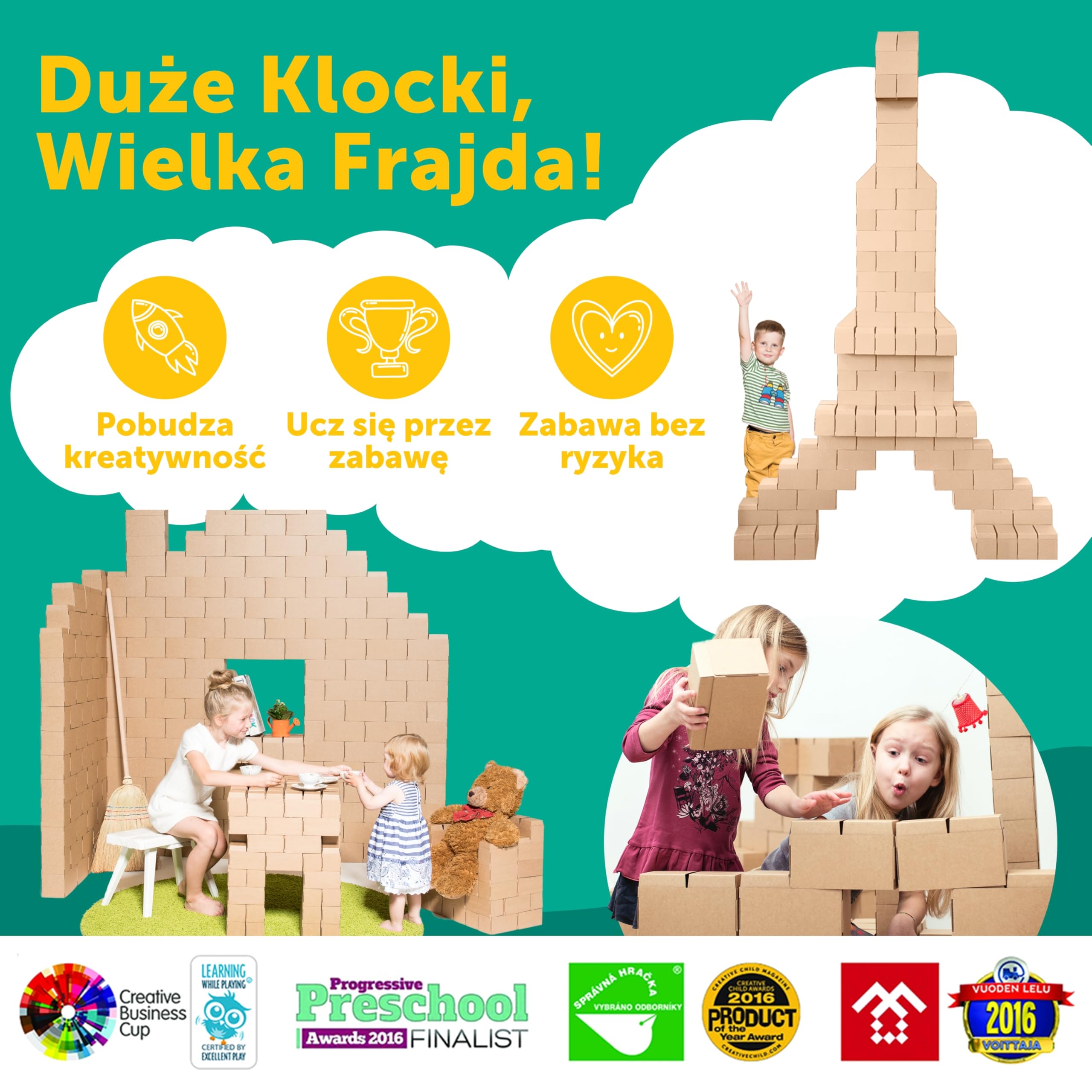 GIGI Bloks 100 XXL Wielkie Klocki Konstrukcyjne dla Dzieci, Kartonowe i Wytrzymałe | Buduj Prawdziwe Zamki i Fortece | Kreatywna Zabawka Edukacyjna Montessori dla Chłopców i Dziewczynek od 3 Lat
