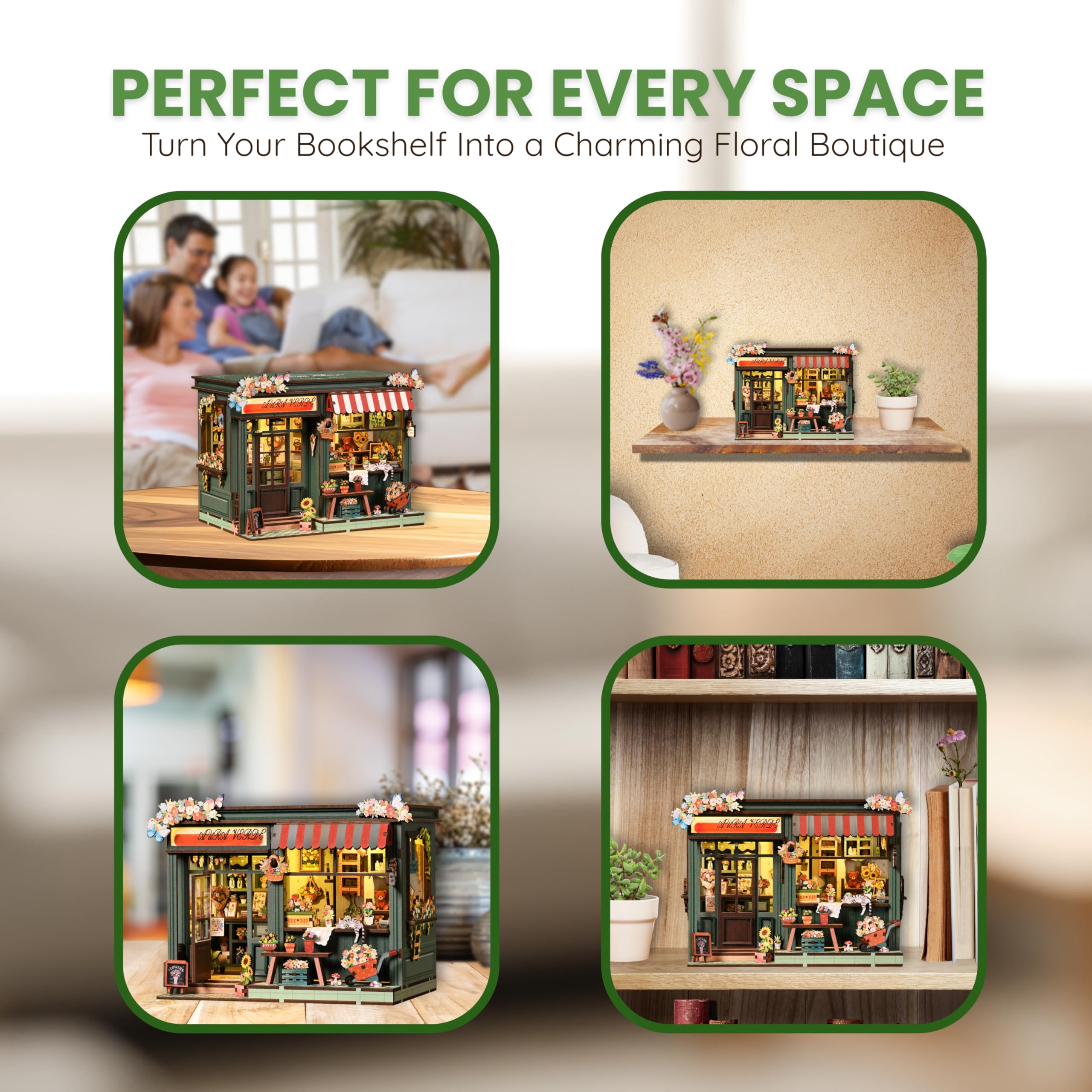 DIY Book Nook Kit mit LED-Lichtern - 3D-Holzpuzzles für Erwachsene (Aura Verde Blumenzimmer)