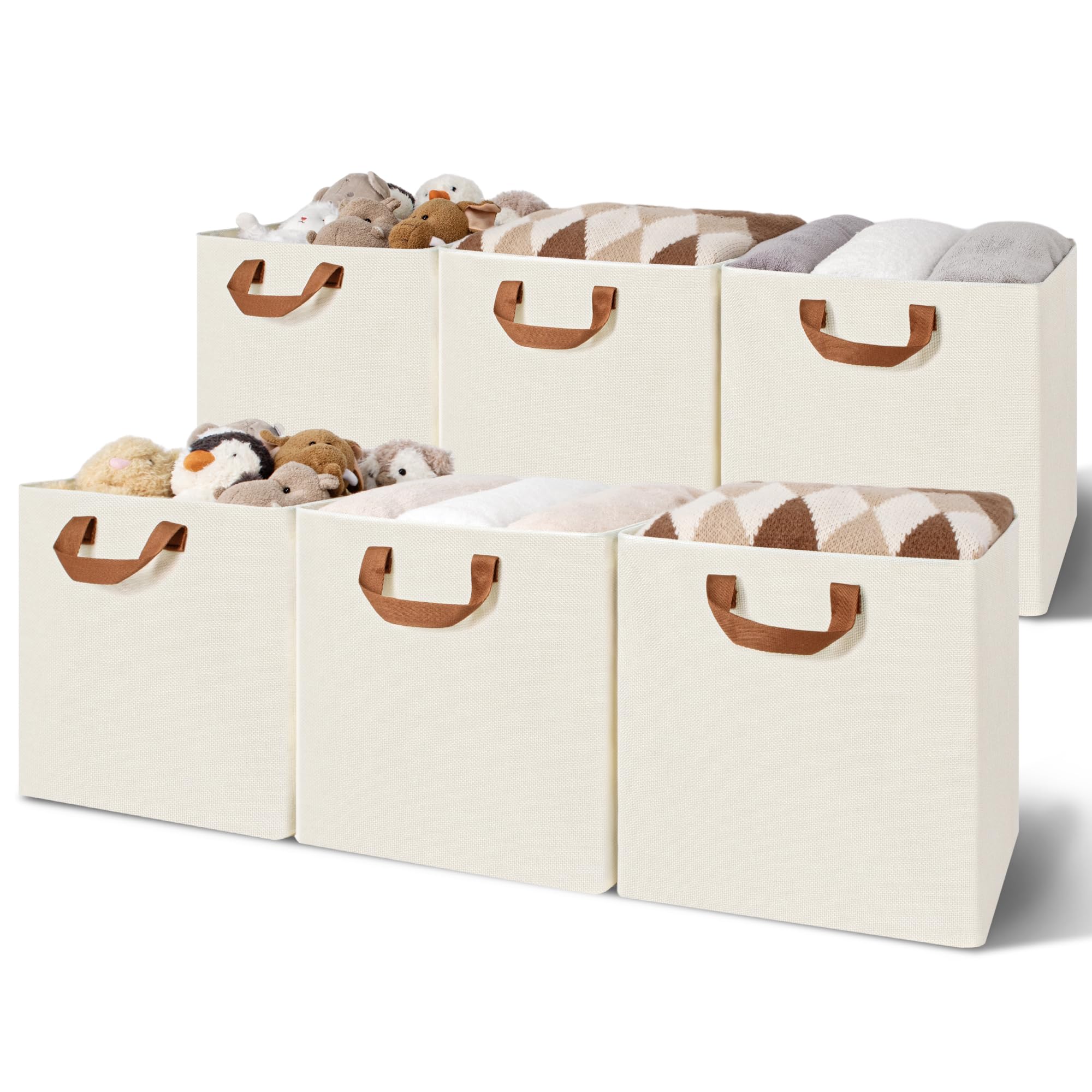 GRANNY SAYS 13x13 Storage Cubes, Cube Storage Bins with Metal Frame, Foldable Cube Storage Organizer, Closet Storage Baskets, Storage Cube Bins, Storage Bins for Shelves, Beige, 6 Pack