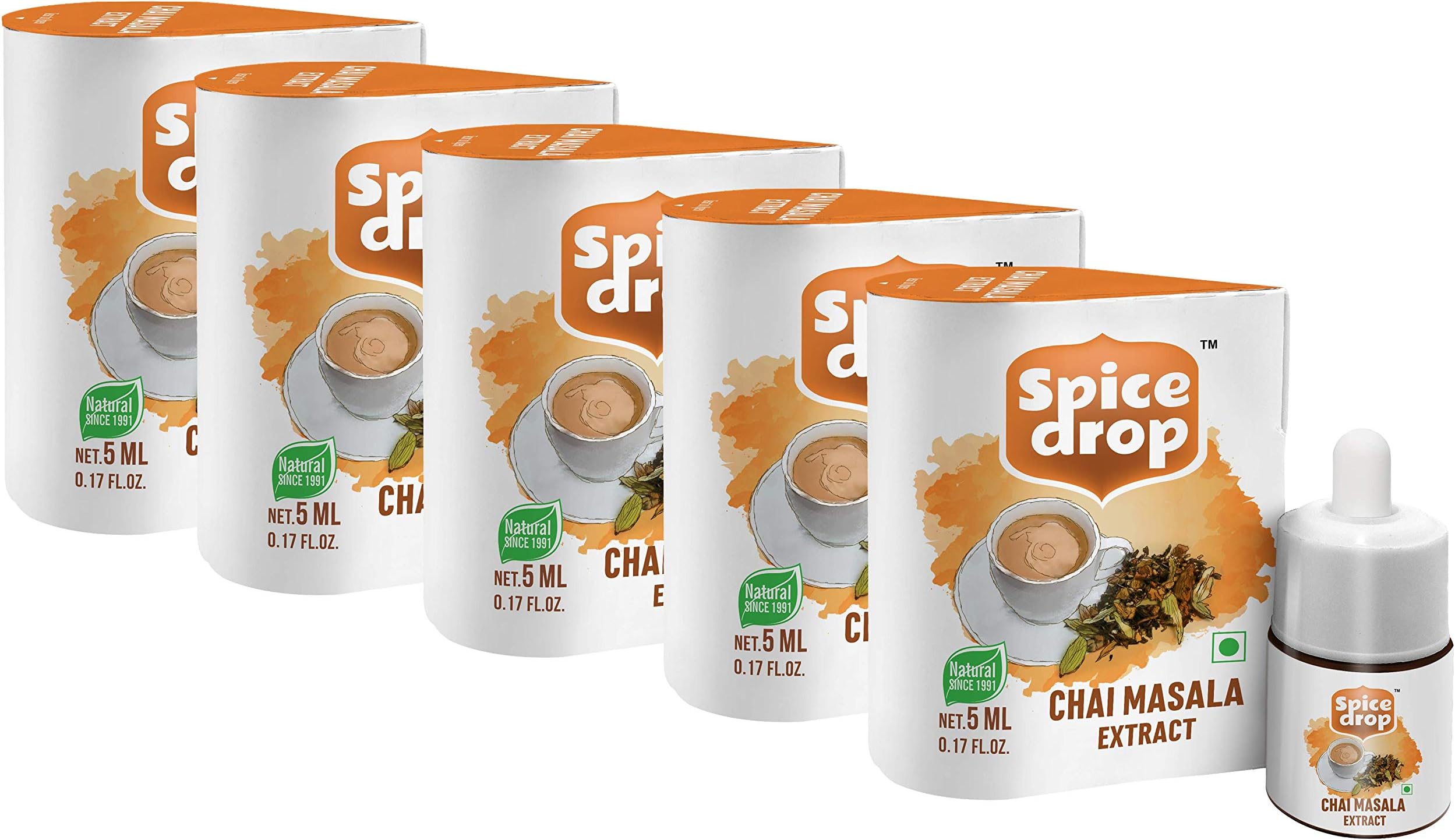 Spice Drop Chai Masala Extract - Tea Masala Drops - No Preservative - 1 Drop Per Cup - 1 bottle Makes 180 Cups - Combo Flavours 900 cups - 5 ml (Pack of 5 x 180 Drops)