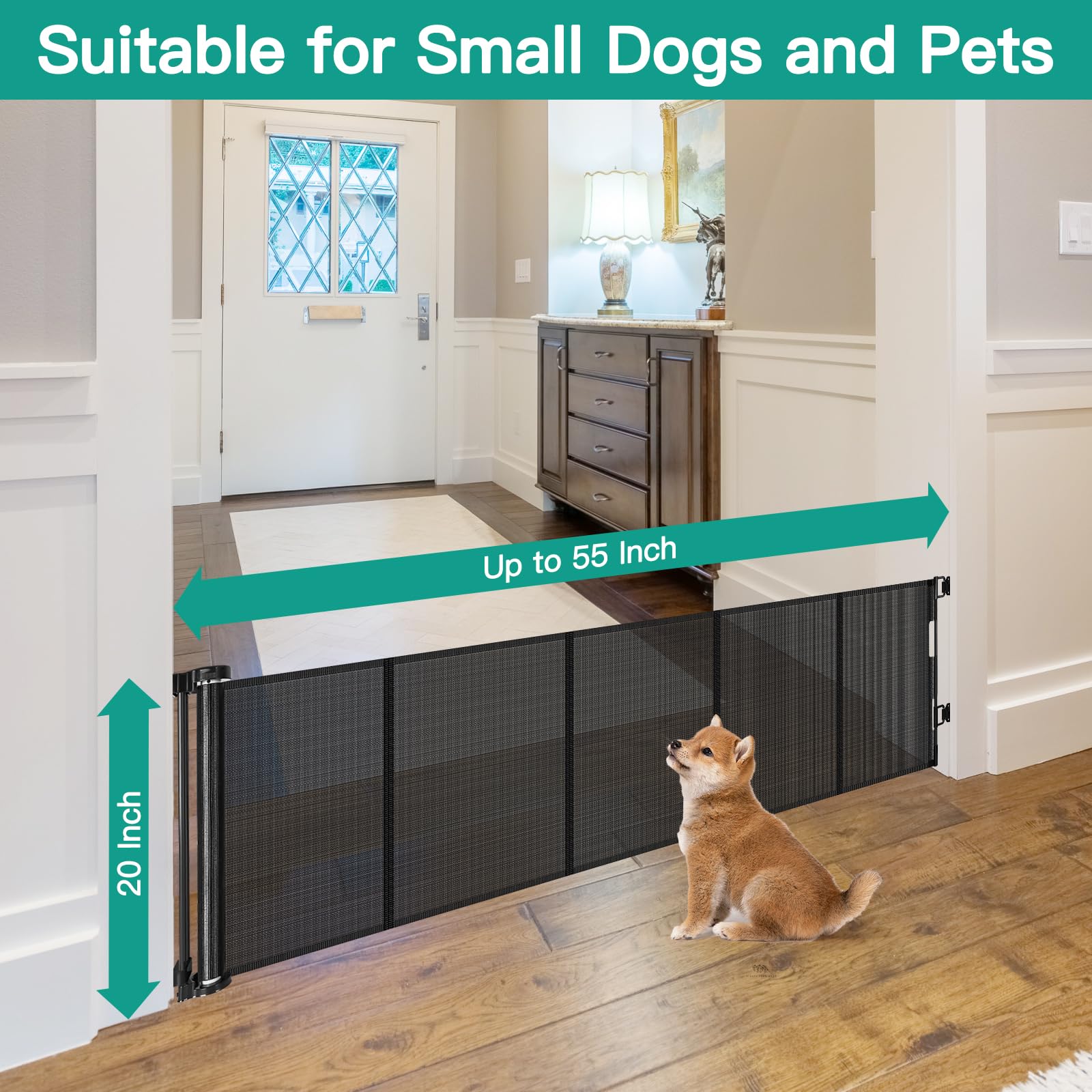 20 Inches Tall Retractable Short Dog Gates for Doorways, Short Pet Gate to Step Over, Extends up to 55
