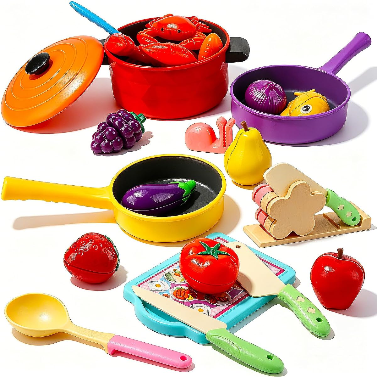 Kids Play Kitchen Accessories, Complete Cooking Toy Set with Pots, Pans & Utensils, Pretend Play Food, Includes Storage Bag, Educational Learning Gift for Toddlers Girls Boys