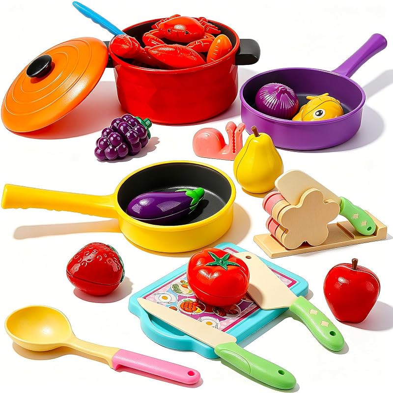 Kids Play Kitchen Accessories, Complete Cooking Toy Set with Pots, Pans & Utensils, Pretend Play Food, Includes Storage Bag, Educational Learning Gift for Toddlers Girls Boys