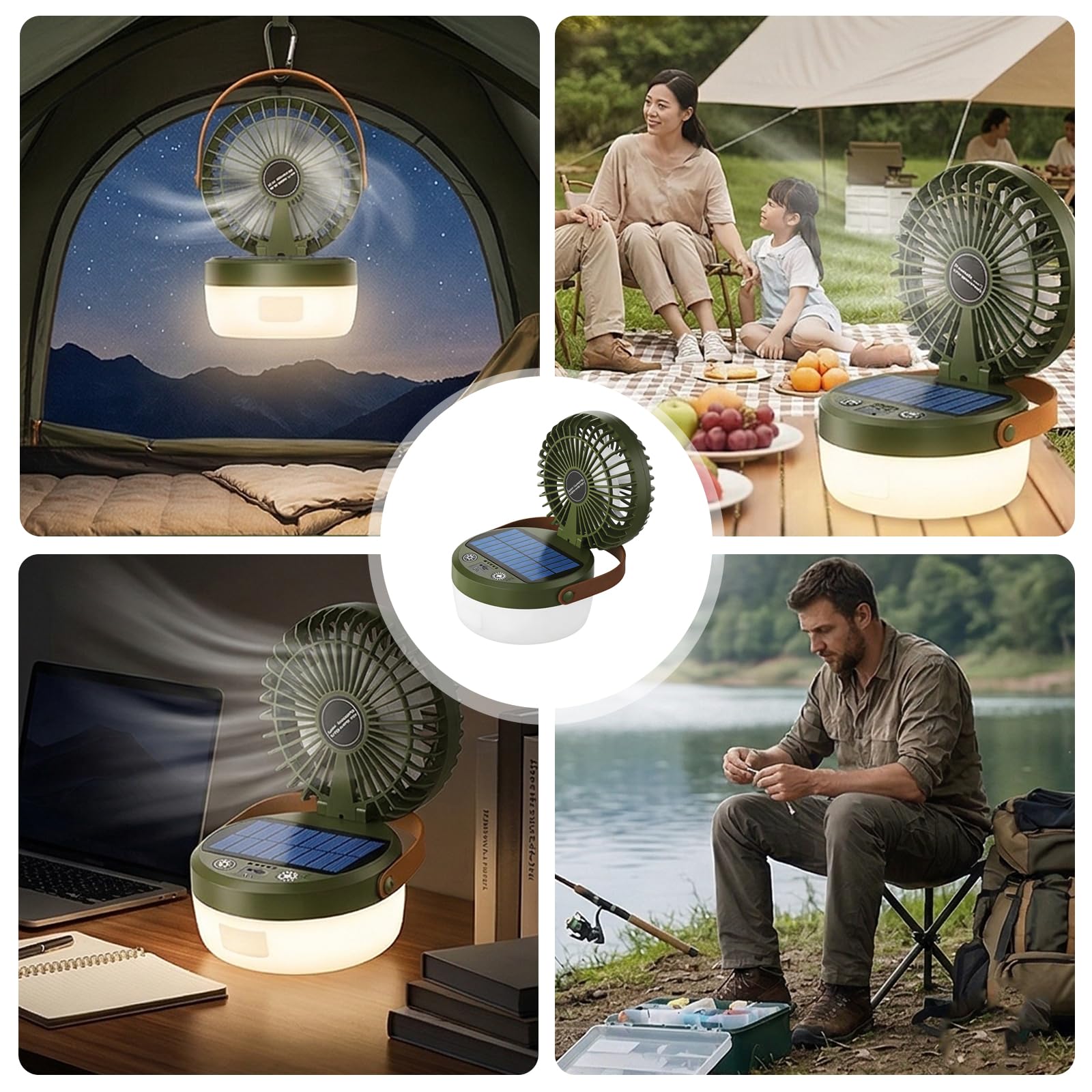 Ventilateur de Camping avec Lumière, Ventilateur Solaire et Portable, Lampe de Camping Solaire Avec ventilateur, 4 Modes d'éclairage, 3 Vitesses, Pour Camping, Aventure, Pêche, équipement d'urgence