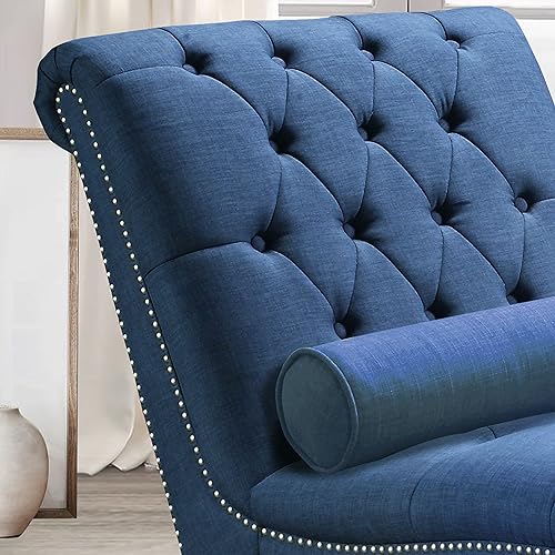 Miniatura 5 de Rosevera Chiltern - Silla tapizada de poliéster con botones y almohada de lanzamiento tumbona para dormitorio interior estándar azul marino real