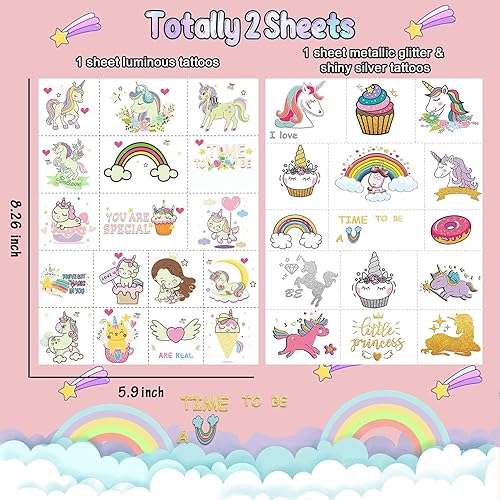 Miniatura 2 de Tatuajes temporales (brillo + purpurina metálica) para niños y niñas, decoraciones de cumpleaños de unicornio, suministros de fiesta, tatuajes