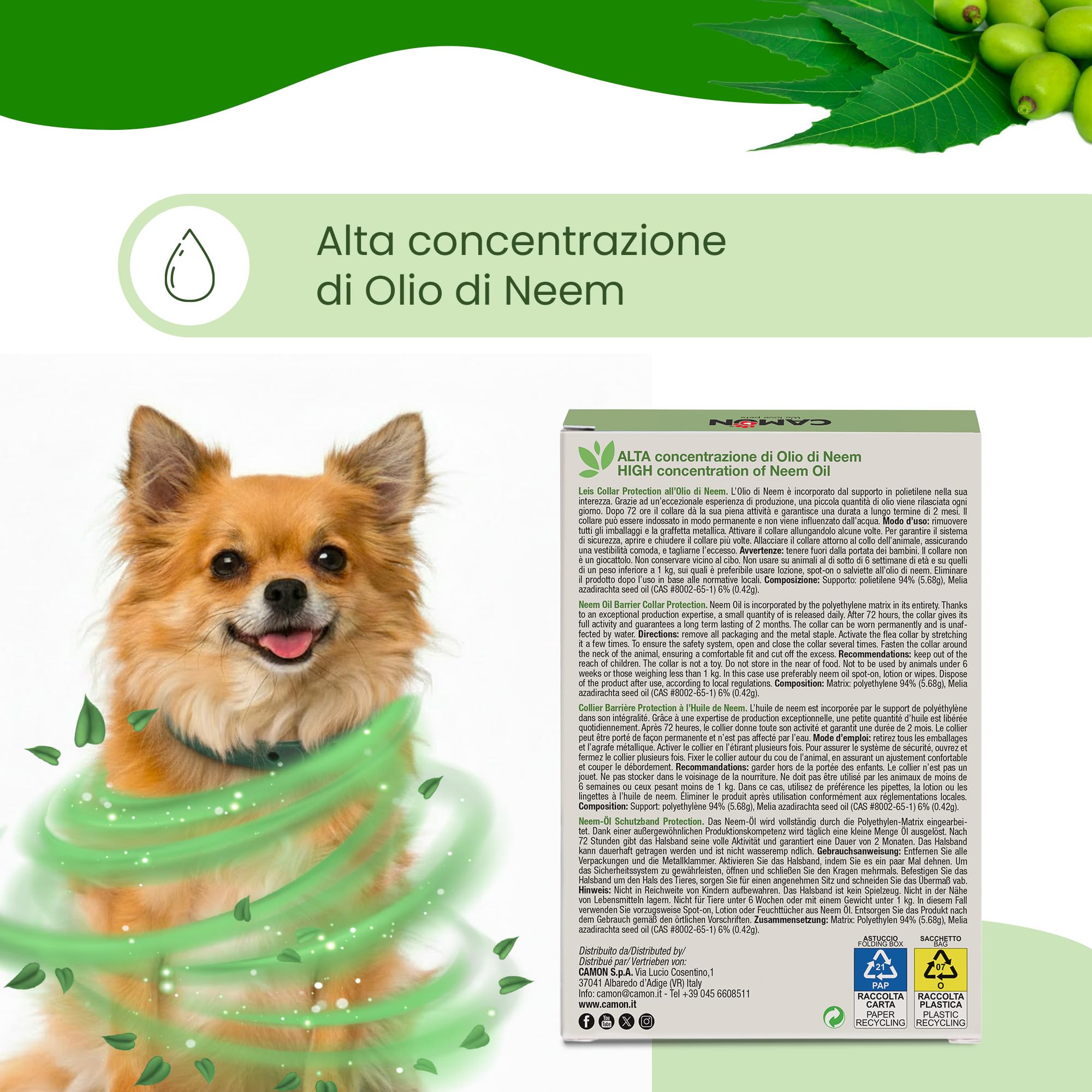 CAMON | Collare Olio di Neem per Cani di Taglia Piccola, 35cm, Protezione Naturale