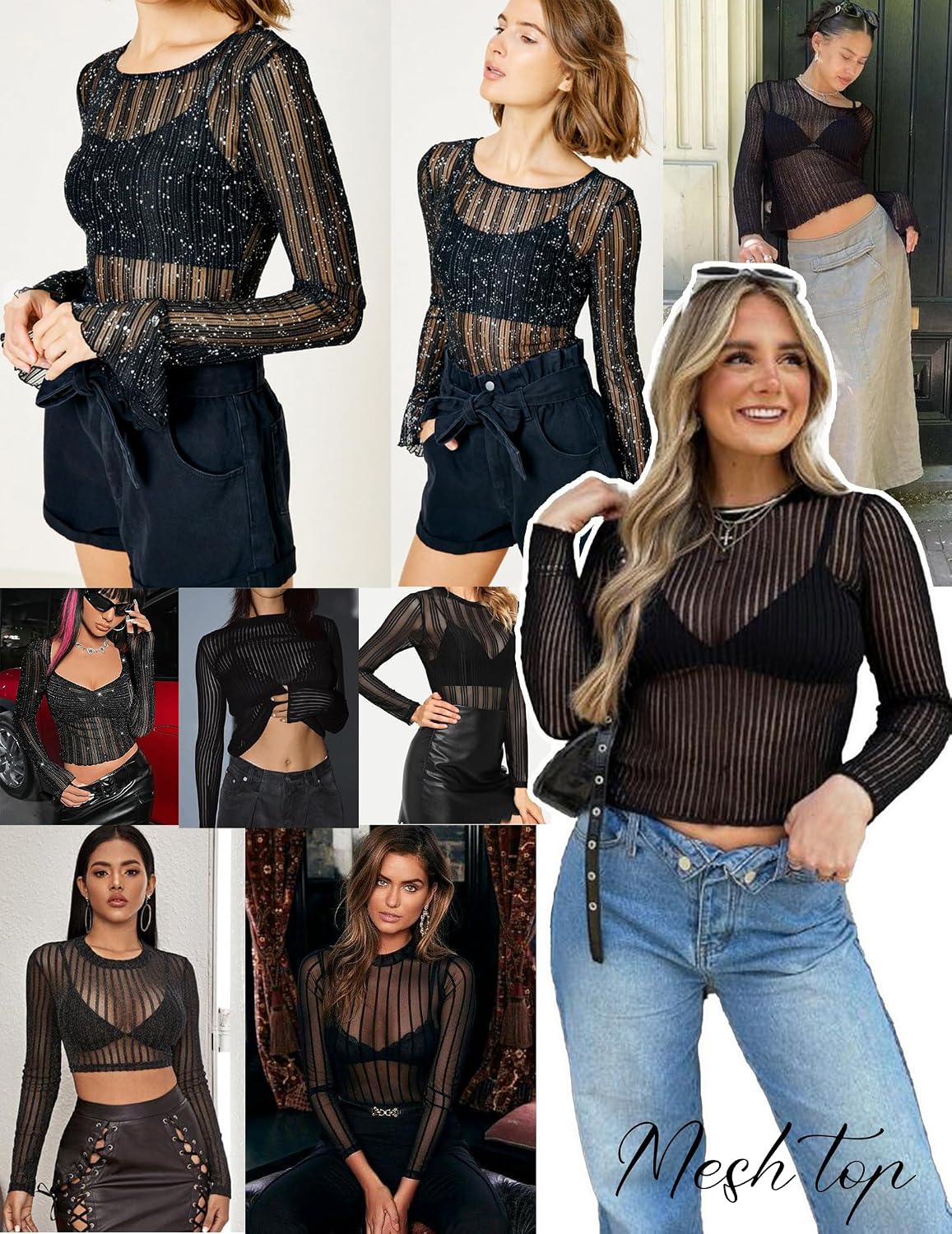 GAMISS Mesh Long Sleeve Top Women Ruched Tops Stretchy Glitter Fitted Tops Shinning Mesh Tops