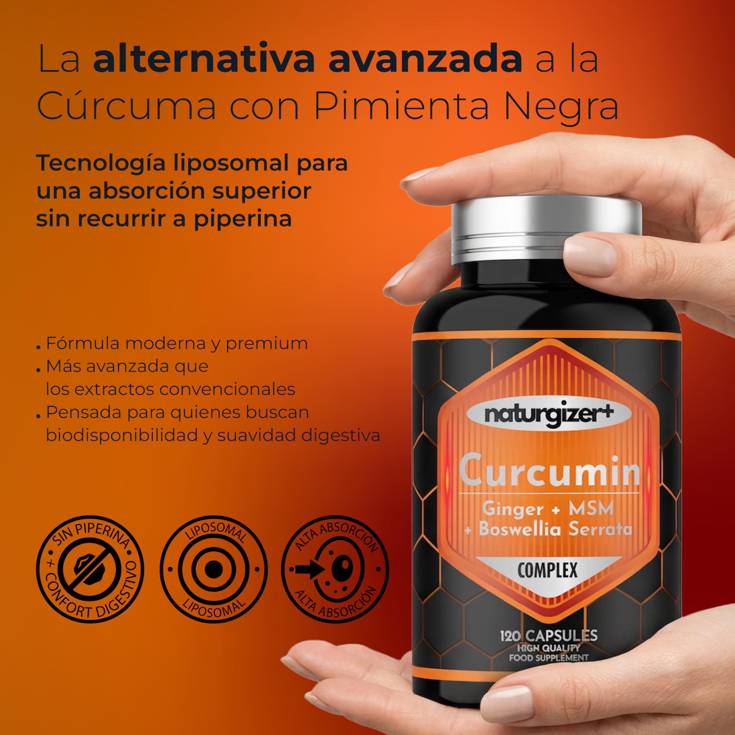 Cúrcuma LIPOSOMAL Complex con Jengibre, Boswellia, MSM | Alta Absorción | Apoyo Premium para Articulaciones, Músculos y Digestión | Curcumina en Cápsulas Vegetales |120 Cápsulas (60 Días) Naturgizer+ - 2