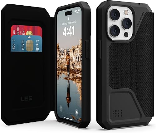 URBAN ARMOR GEAR UAG Funda diseñada para iPhone 14 Pro Kevlar negra de 6.1 pulgadas Metropolis Folio Flip Wallet Funda protectora resistente con