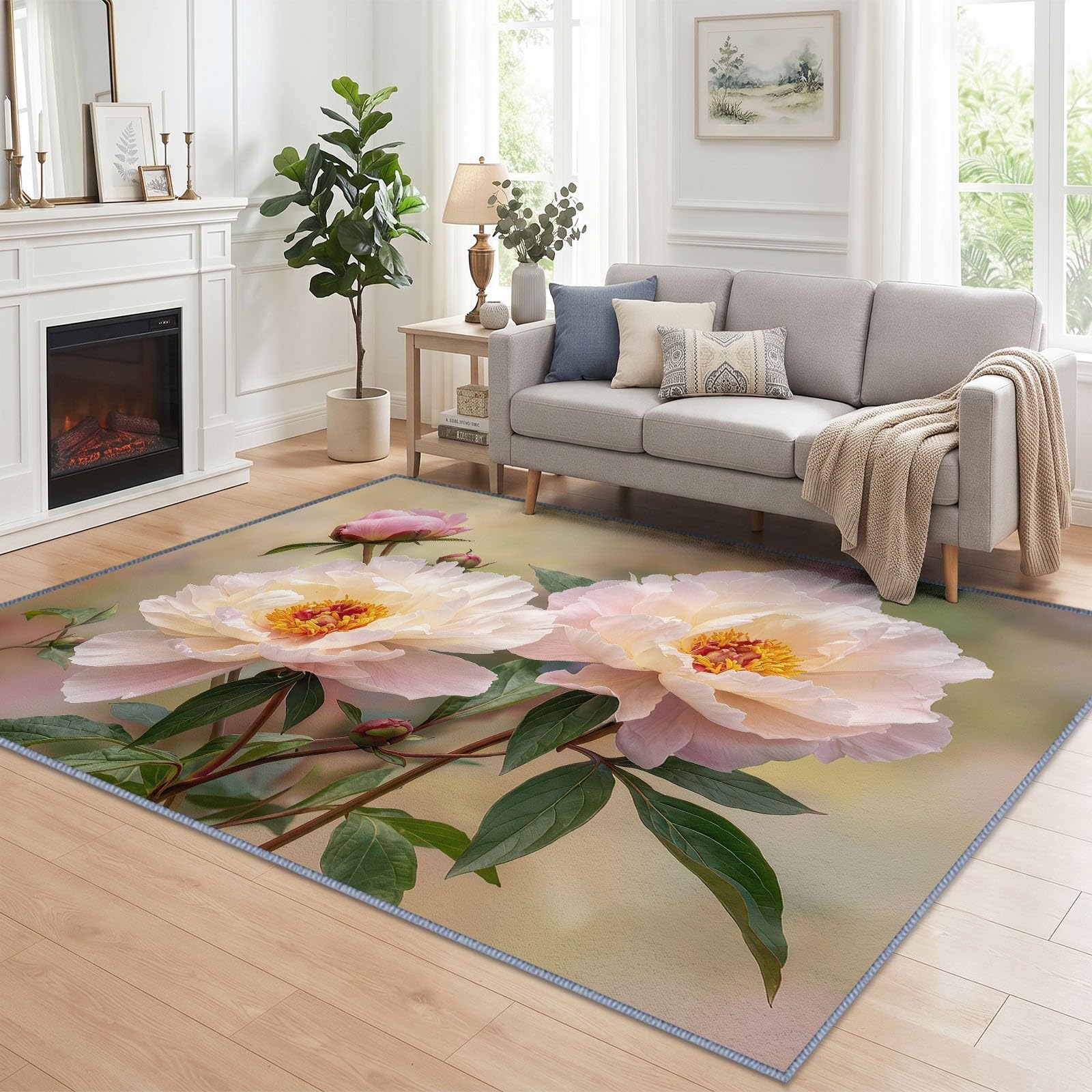 Générique Fleur Rouge Feuille Verte Tapis 140x200 cm Lavable en Machine, Floral Nature Tapis AntidéRapant Doux Poil Ras, pour Salon, Chambre et Salle à Manger