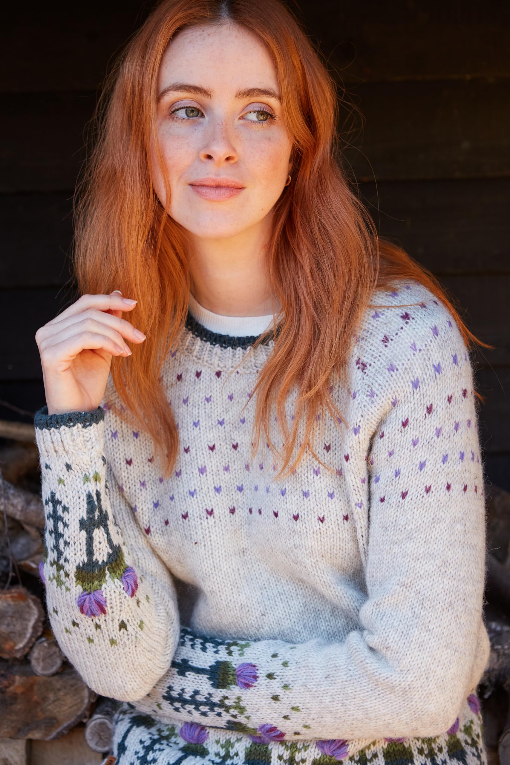 Pachamama Maglione da donna in lana lavorato a mano con cardo scozzese color farina d'avena fatto a mano spesso caldo pullover maglione commercio equo e
