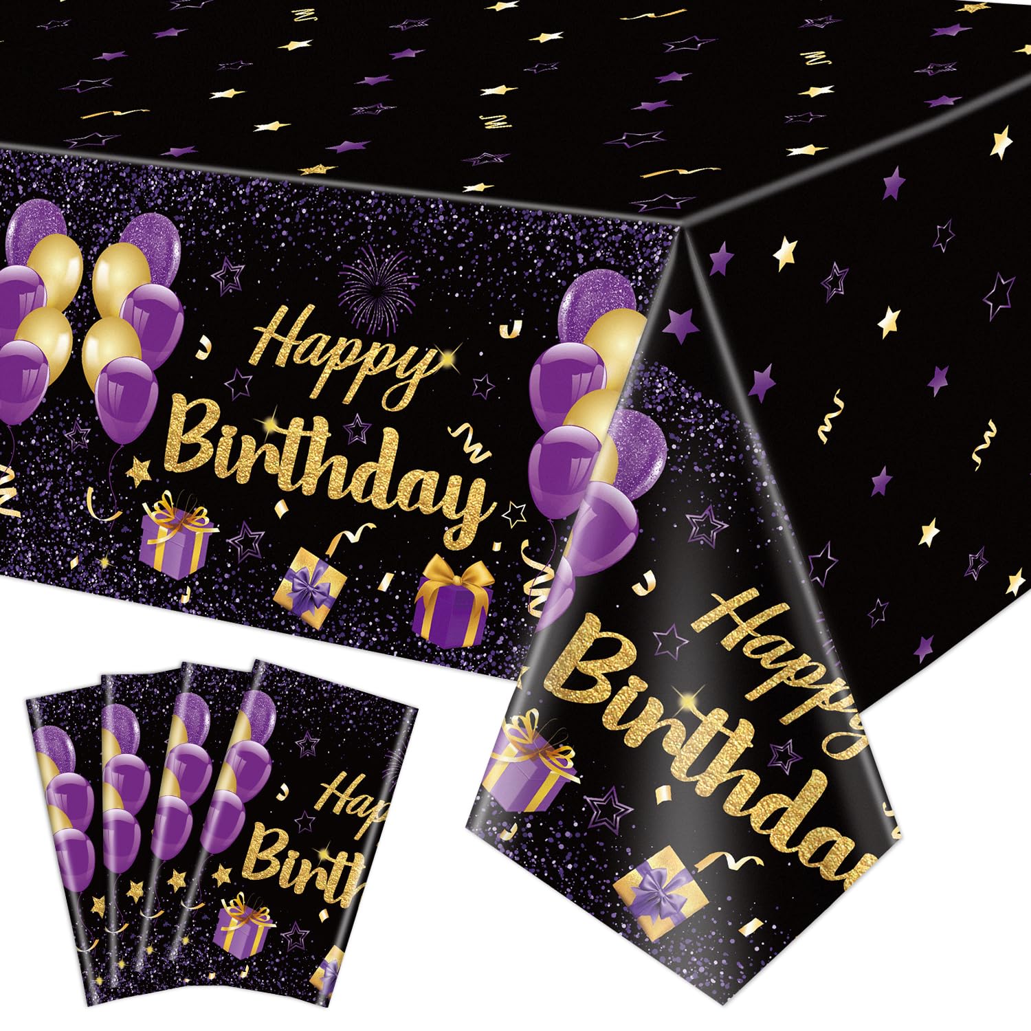 QUERICKY 4 Pack Black Purple Happy Birthday Tablecloths, 51x87'' Plastic Disposable Rectangle Purple Gold Birthday Party Table Covers for Women Girls Birthday Party Decorations Supplies