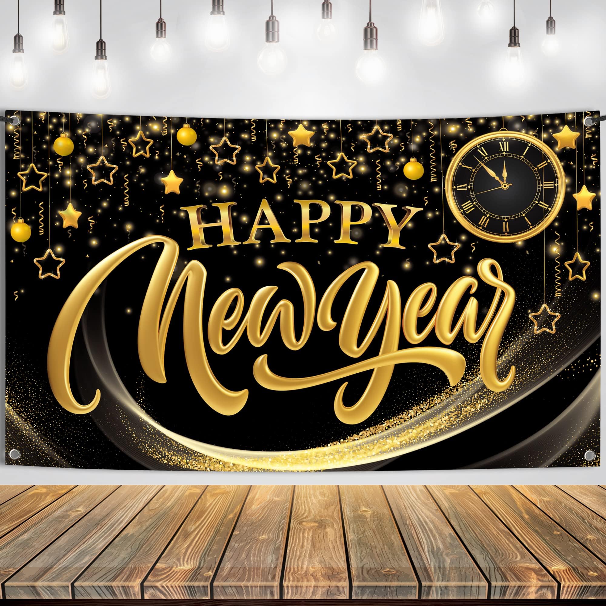 KatchOn, XtraLarge Happy New Year Banner - 72x44 Inch, Black and Gold, 72 inches x 44 inches