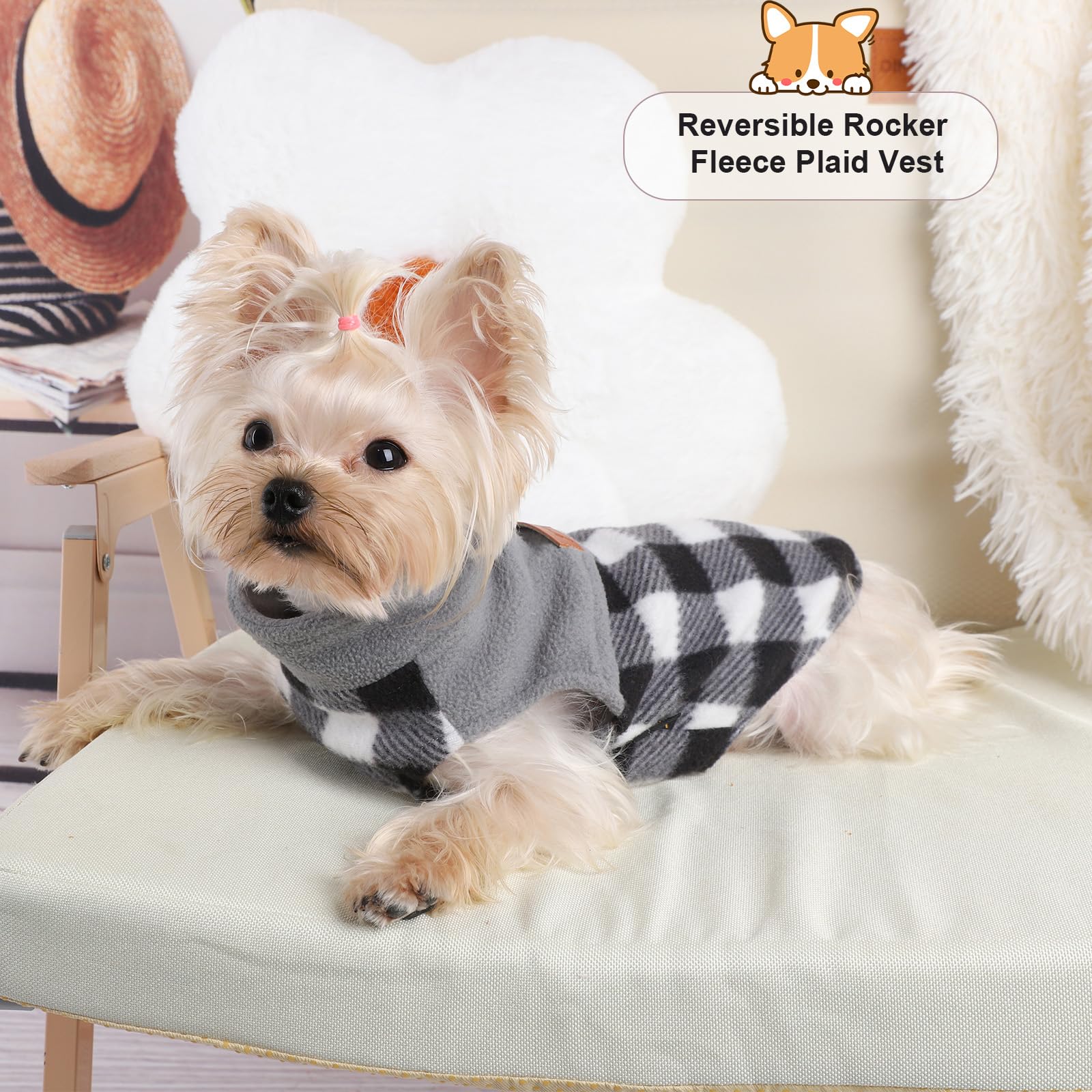 Fleece-Weste, Hundepullover, dehnbares Sweatshirt mit Loch für die Leine, Haustierkleidung, leichter Hundemantel für kleine Hunde, Jungen, Mädchen, Erntedankfest, Weihnachten, kariert, Größe