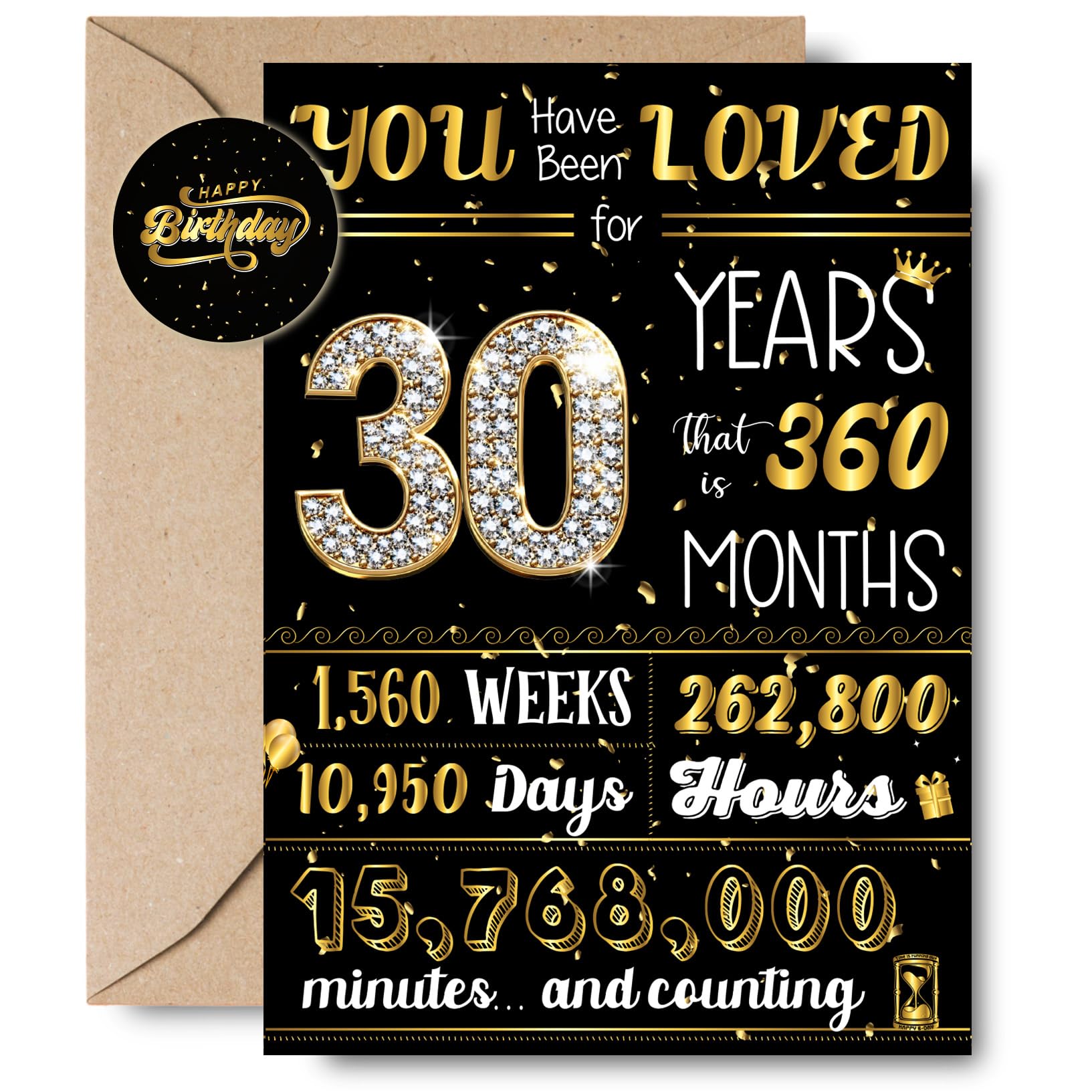 Wonkali 30th Birthday Gifts for Him, Her, Happy 30th Birthday Greeting Card Decorations for 30 Year Old Men, Women (Black and Golden)