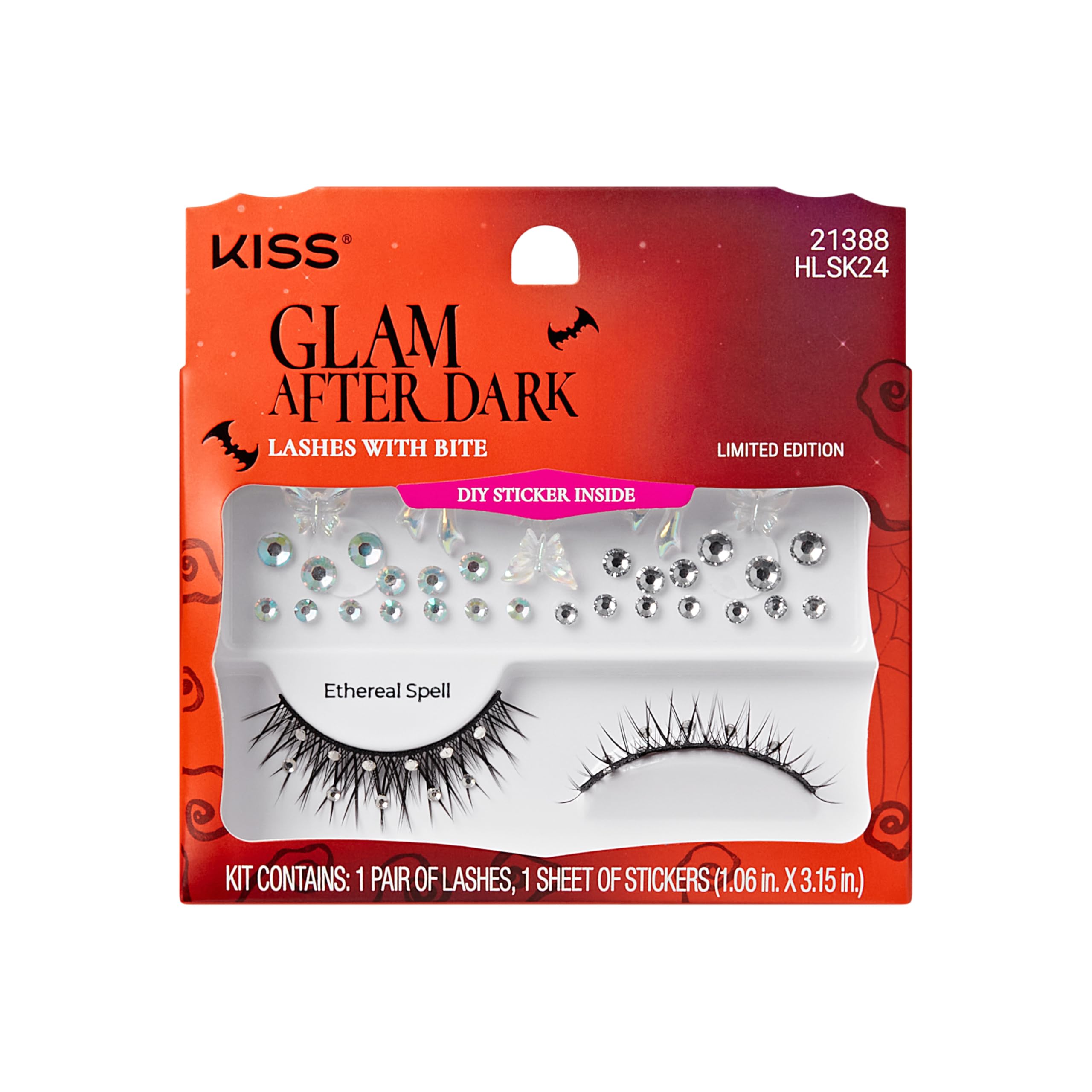 KISS Halloween Eyelashes Ethereal Spell 12mm Natural Volume False Lashes with Jeweled Accents Butterfly Gem Stickers Reusable Strip