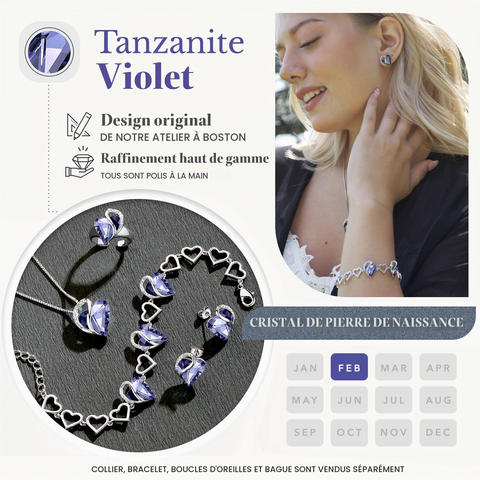 Leafael Cadeau Fête des Mères Bracelet Femme Cœur Pierre de Naissance avec Cristaux Bijou Femme Argent Hypoallergénique Chaîne 7 + 2 Pouces avec Coffret Cadeau