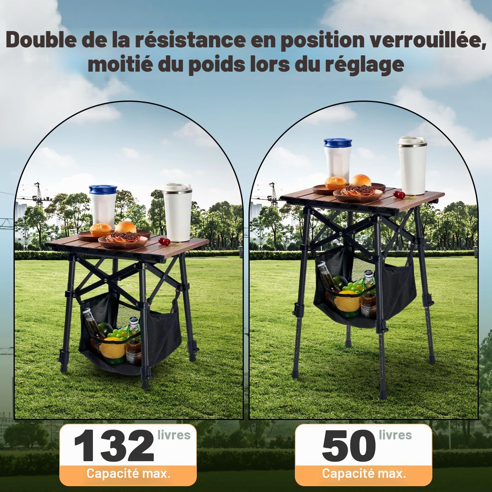 Odoland Table de Camping Pliante Réglable en Hauteur avec Sac de Rangement sous la Table pour 1 à 2 Personnes, Légère pour Plage, Camping, Pique-Nique, Jardin, Pêche