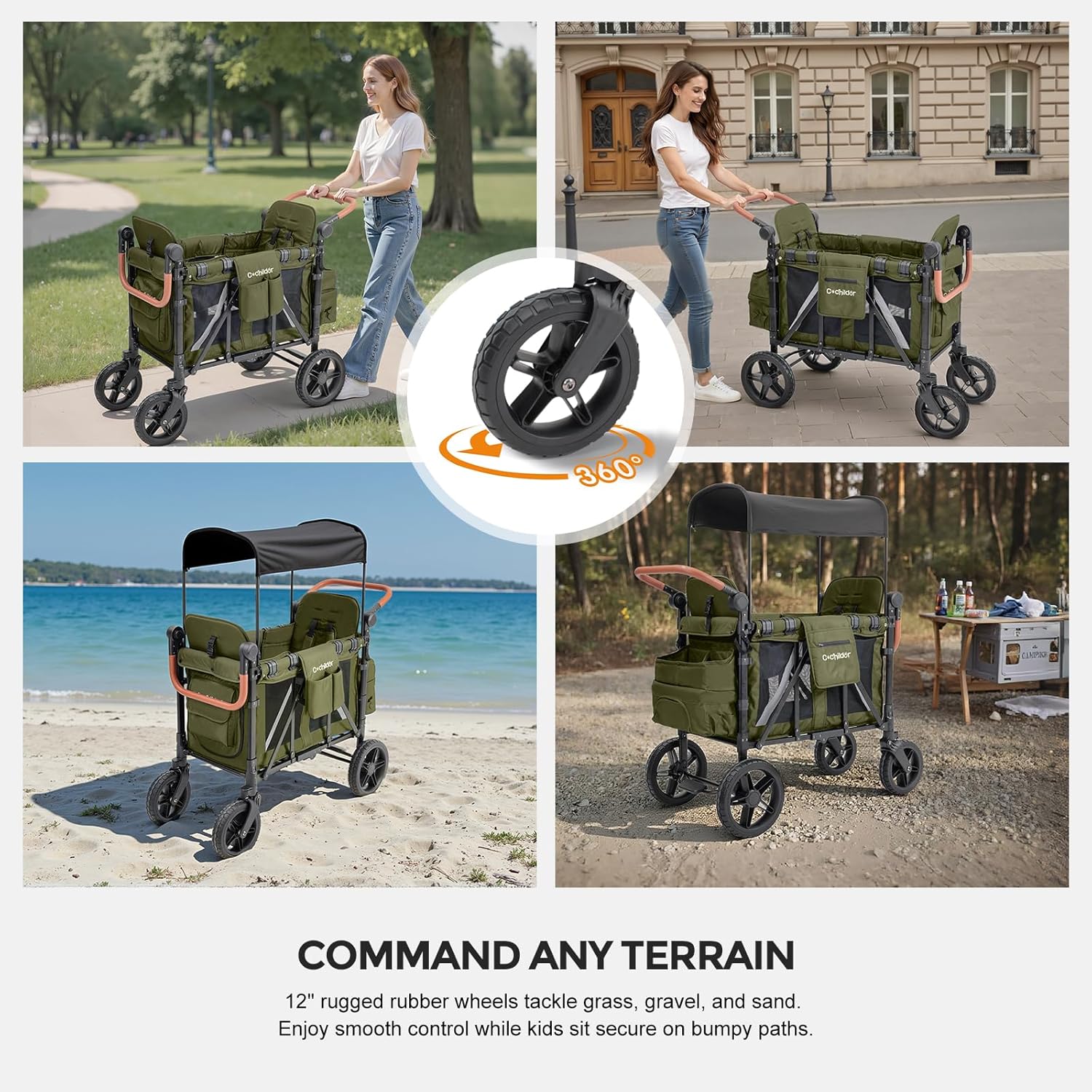 Cochildor Premium 2 Seater Wagon Stroller for Kids, Foldable All-Terrain Stroller Wagon with Removable Seats, Adjustable 5-Point Safety Harness, Canopy, and Dual Handles, Green