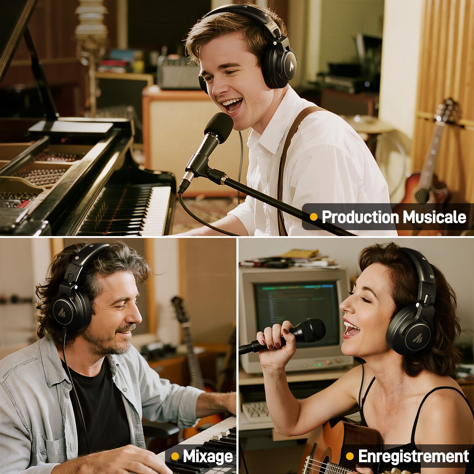 MAONO Casque Audio Filaire Professionnel de Studio avec Câble Détachable de 6,35 mm & 3,5 mm, pour Le Monitoring, Compatible avec Les Microphones, Téléphones, Ordinateurs, Pianos, MH700 Noir