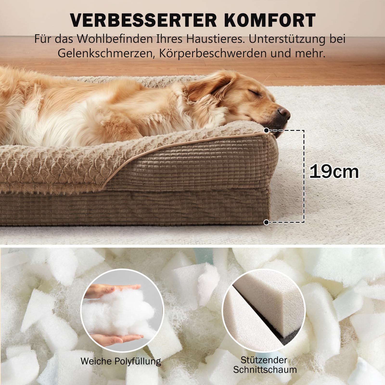 FURTIME Ortopedyczne legowisko dla dużych psów, kosz dla psa, Memory Foam XL, wyjmowane i zmywalne, antypoślizgowe, sofa dla psa z wysoką krawędzią, brązowe, 107 x 81 x 19 cm
