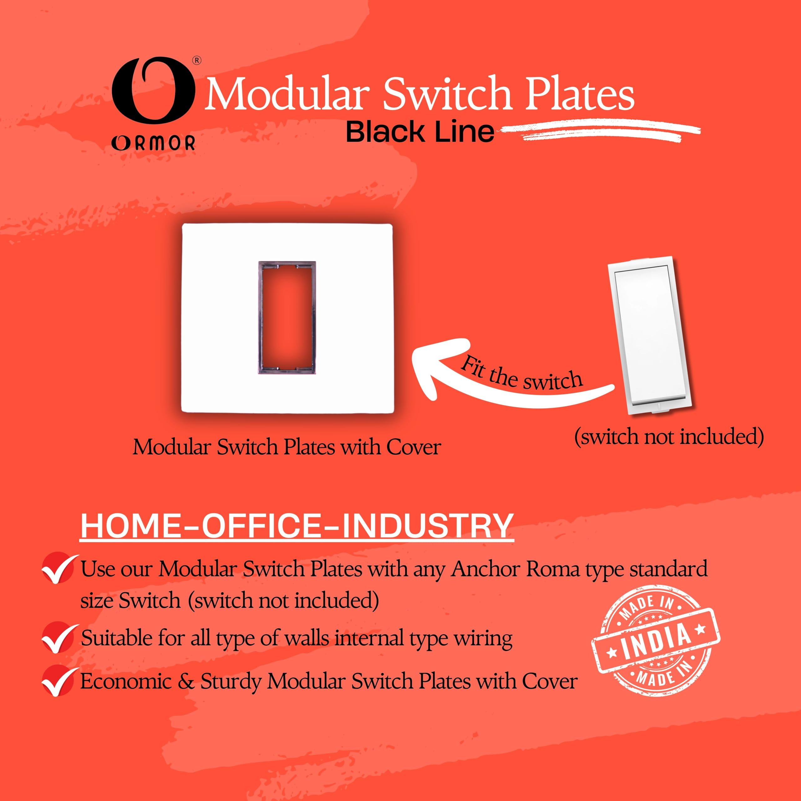 ORMOR Modular Switch Plates (1 Module,White,Pack of 10) Black Line Glossy Premium Polycarbonate Plate with cover for Universal Standard Modular Electrical Switches 3