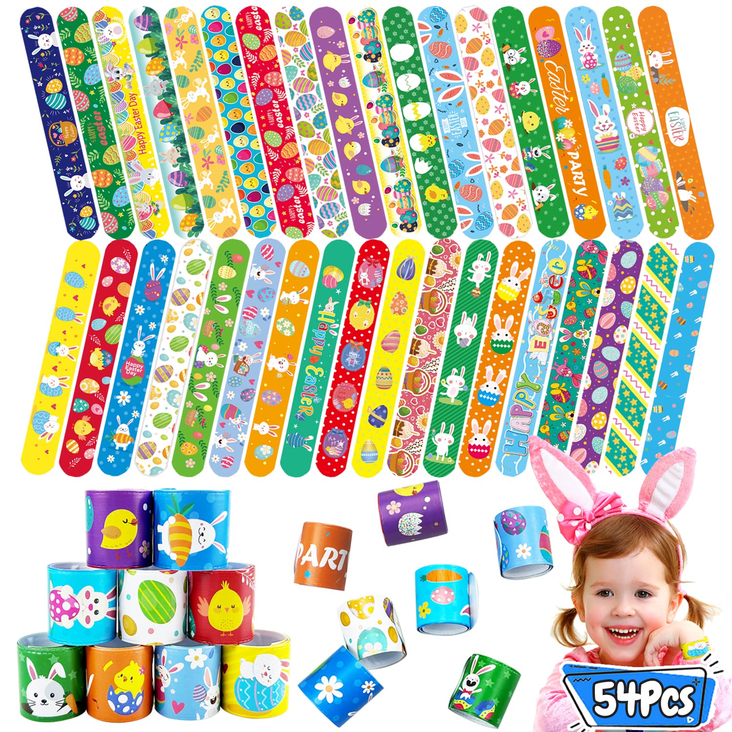 54Pcs Easter Slap Bracelets, Easter Basket Stuffers, Easter Egg Fillers, Easter Egg Hunt Toys for Kids Teens Class Prizes School Supplies