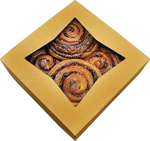 BAKELUV Paquete de 100 cajas de panadería marrones de 8 x 8 x 2.5 pulgadas con ventana, cajas de galletas, pasteles, postres, golosinas, alimentos,