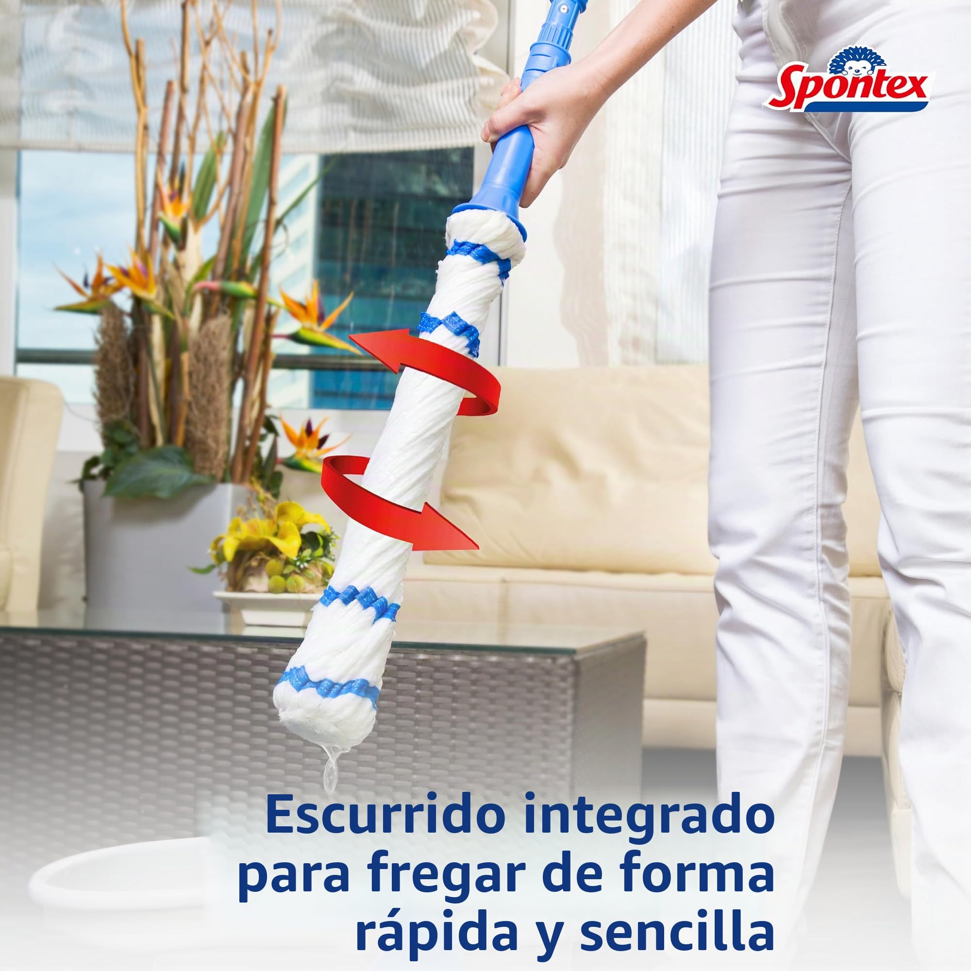 SPONTEX - Twist Mop - Balai à franges microfibre non rayant - Système d'essorage intégré - Manche télescopique ultra compact - 1 Balai
