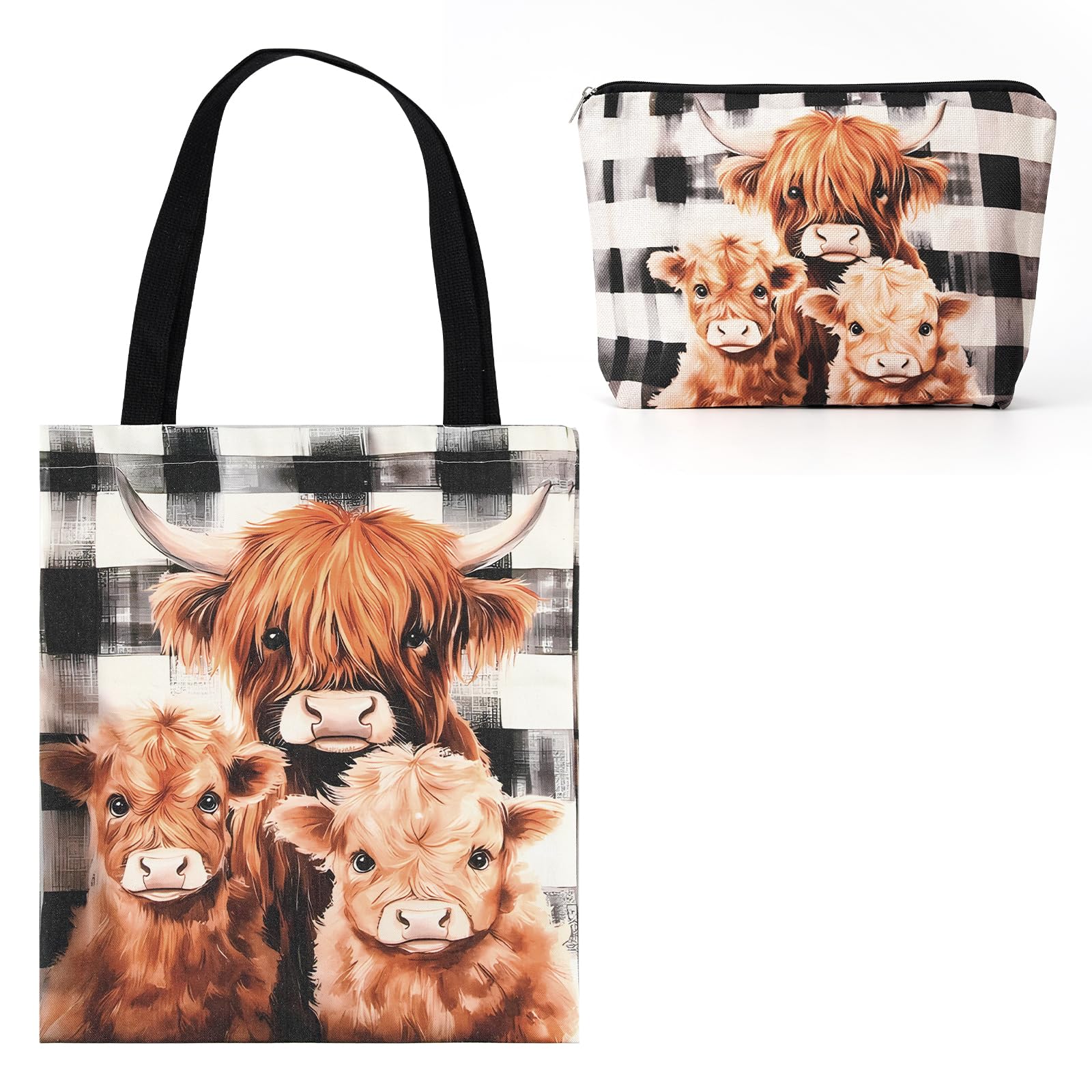 Setgoold Highland Cow Tote Bag with Makeup Pouch Canvas Shoulder Bag