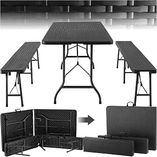 TecTake® Juego de Mesa Plegable de 3 Piezas, Set Mesa Camping con 2X Bancos, Mesa Jardín Exterior, Estructura de Acero, Topes en Patas, Fácil Montaje, Ideal Acampadas, Jardín, Terraza, Picnic - Negro