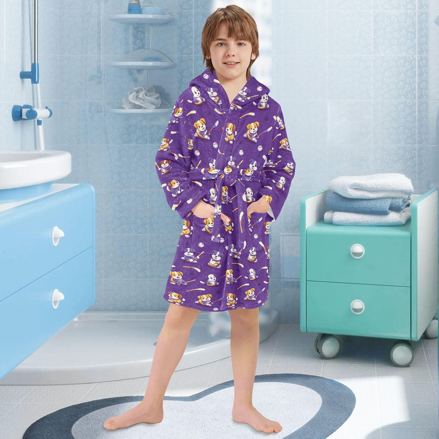Funny Dog Hockey Sports Bathrobe Hooded PJ Robe Soft Fleece Robe Pajama Sleepwear 2-12 Years